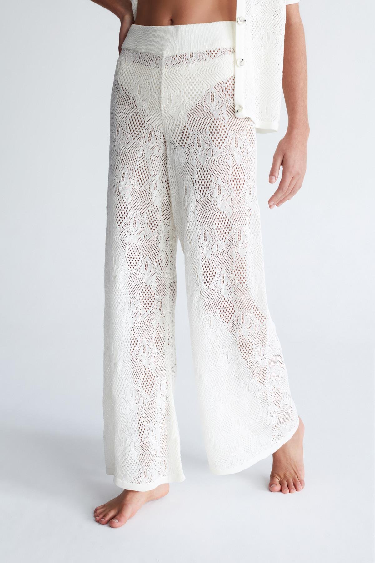 Peraluna EMMA TROUSER Dantel Desen Örgülü Geniş Midi Boy Kadın Triko Pantolon Ekru