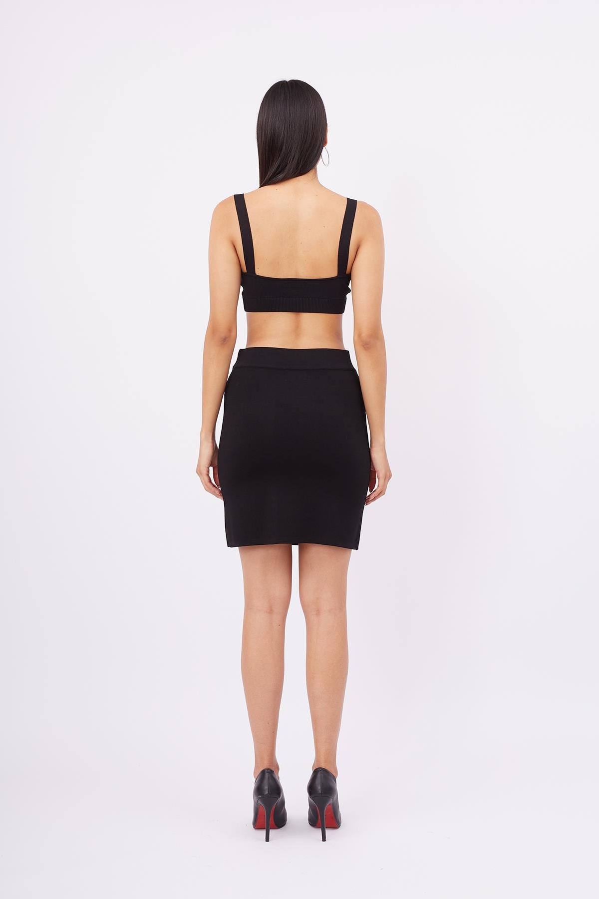 Peraluna EVA SKIRT Standart Fit  Beli Lastikli Mini Kadın Triko Etek - Siyah