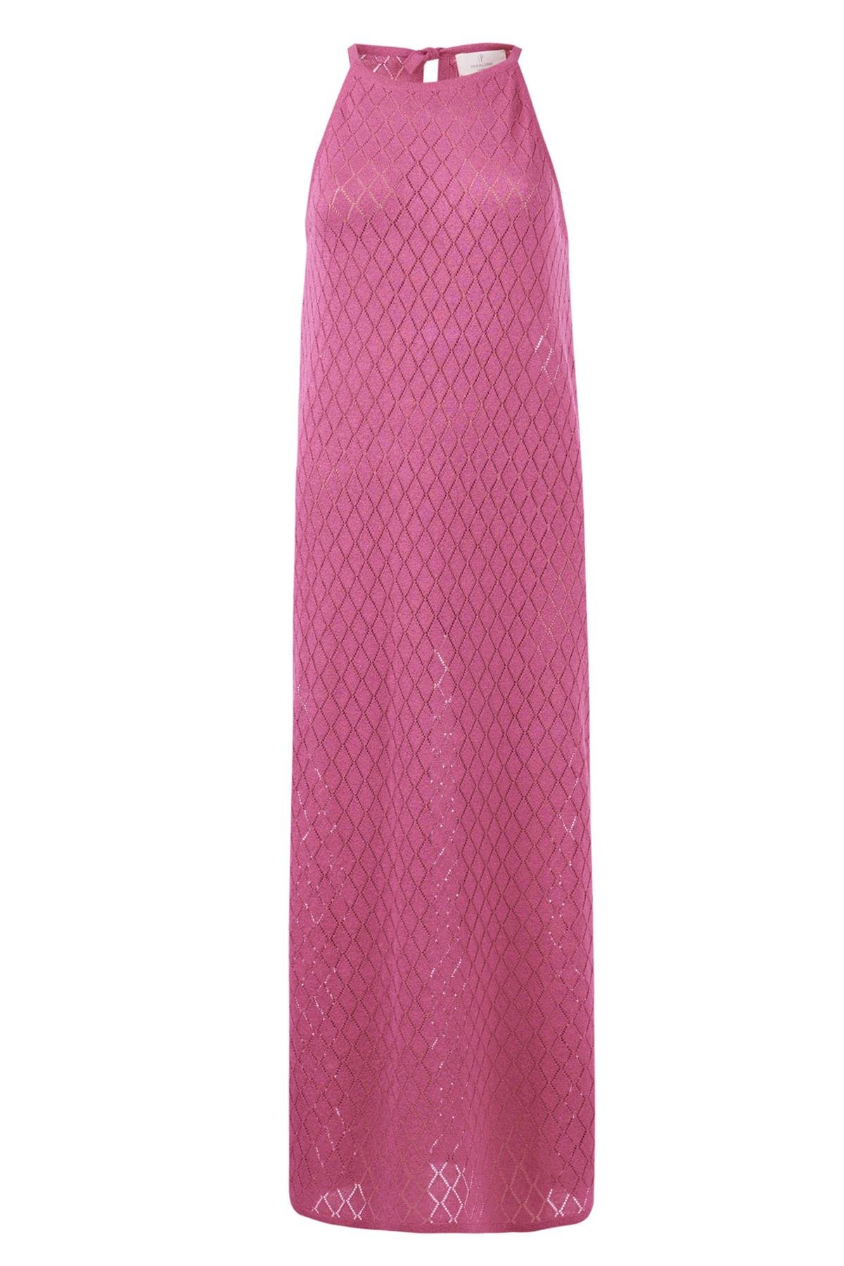 Peraluna EVELIEN DRESS Ajur Örgü Dar Kesim Halter Yaka Arkası Bağcıklı Uzun Kadın Triko Elbise - Fuşya
