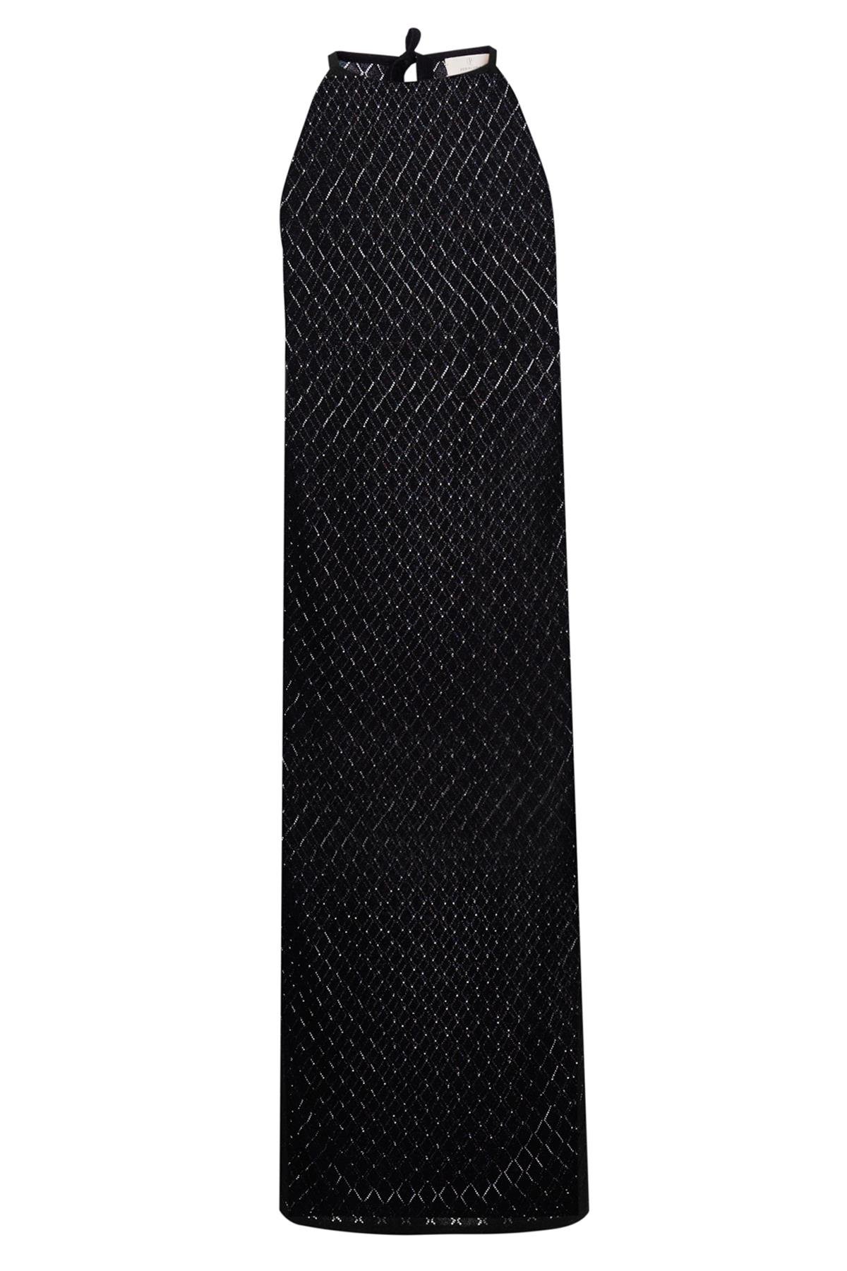 Peraluna EVELIEN DRESS Ajur Örgü Dar Kesim Halter Yaka Arkası Bağcıklı Uzun Kadın Triko Elbise - Siyah