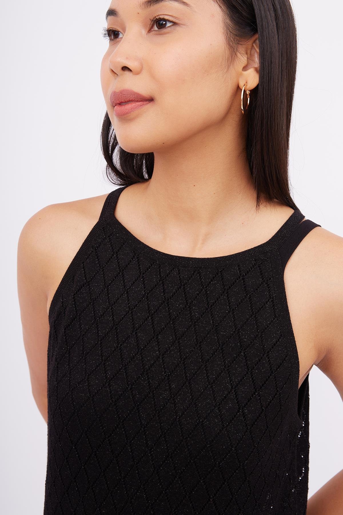 Peraluna EVELIEN DRESS Ajur Örgü Dar Kesim Halter Yaka Arkası Bağcıklı Uzun Kadın Triko Elbise - Siyah