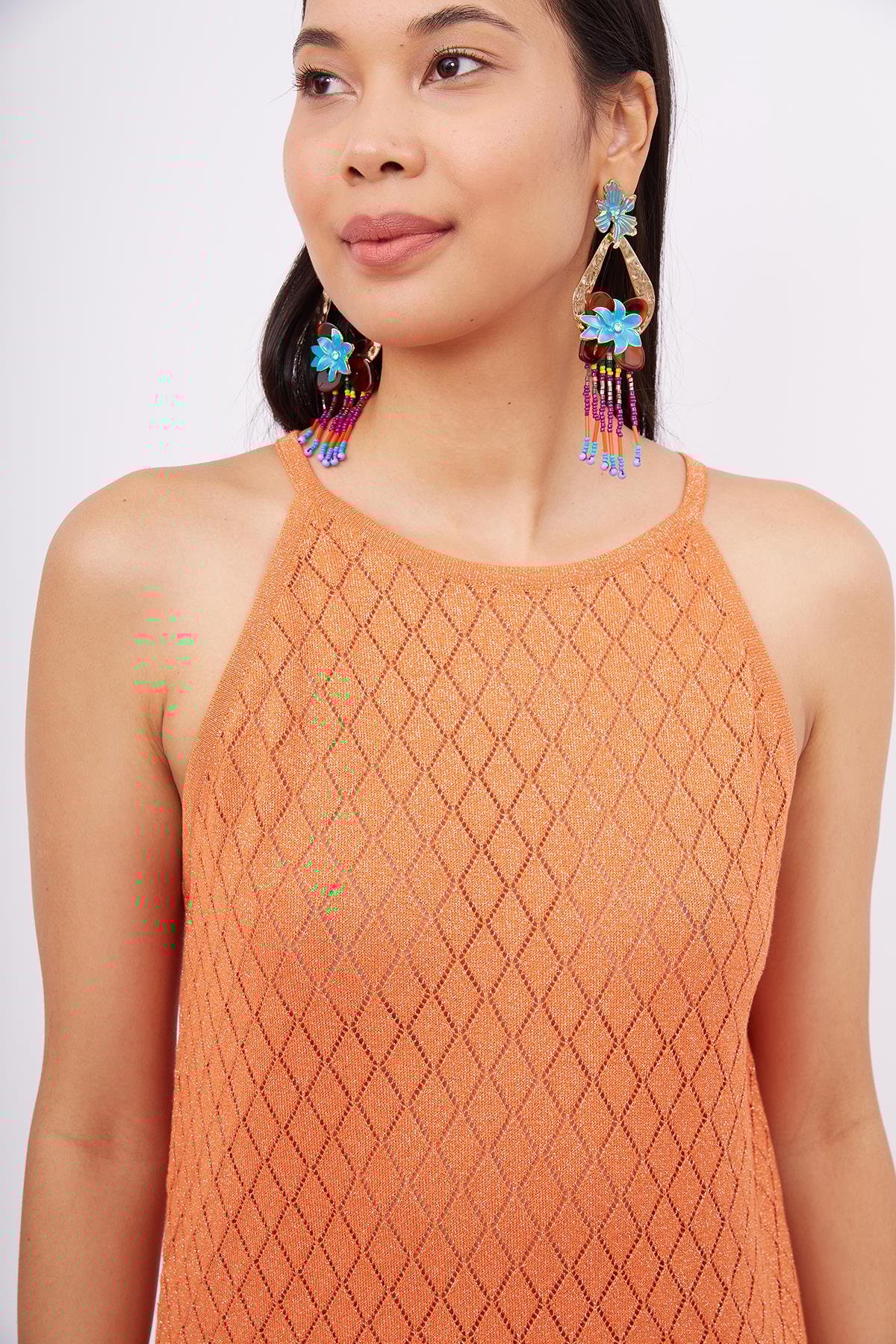 Peraluna EVELIEN DRESS Ajur Örgü Dar Kesim Halter Yaka Arkası Bağcıklı Uzun Kadın Triko Elbise - Turuncu