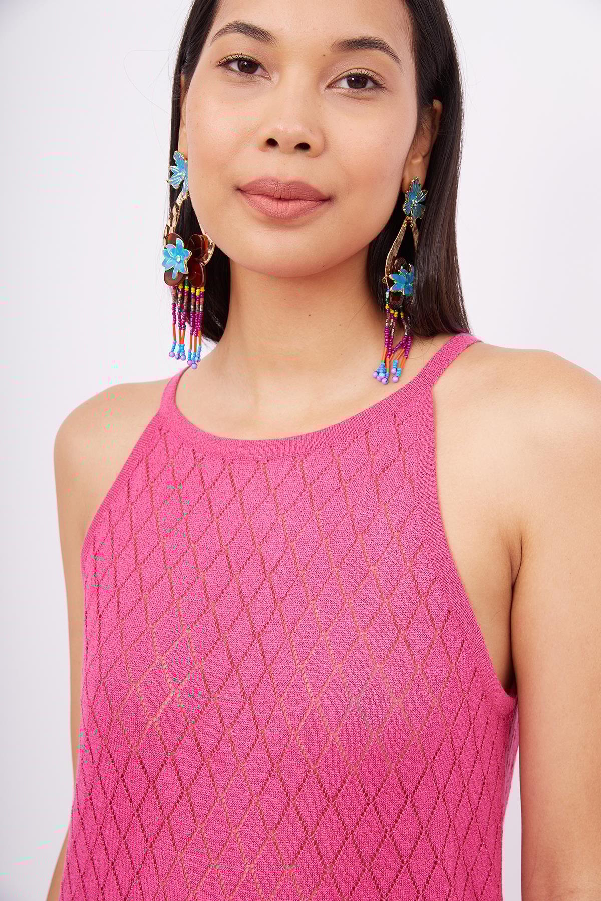 Peraluna EVELIEN DRESS Ajur Örgü Dar Kesim Halter Yaka Arkası Bağcıklı Uzun Kadın Triko Elbise - Fuşya