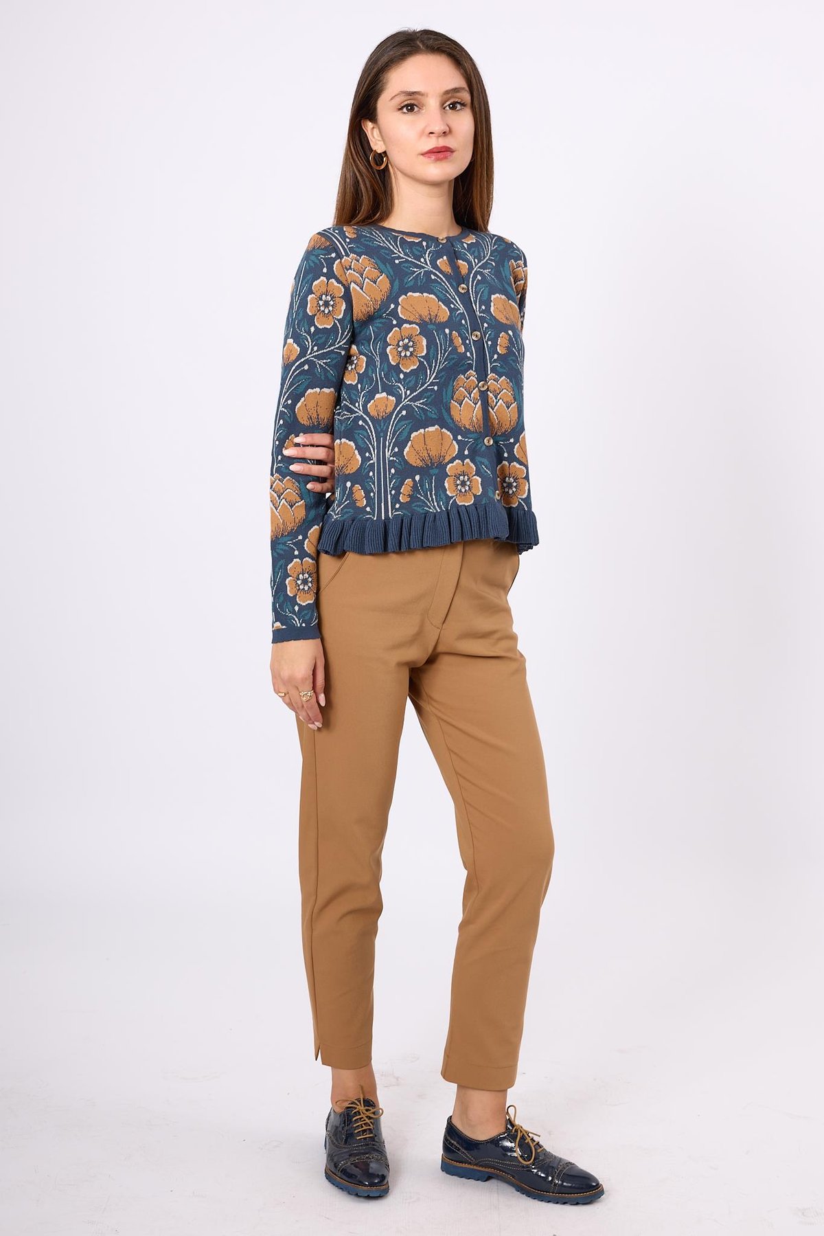 Peraluna Felicity Çiçek Jakarlı  Kadın Triko Hırka - İndigo Multi