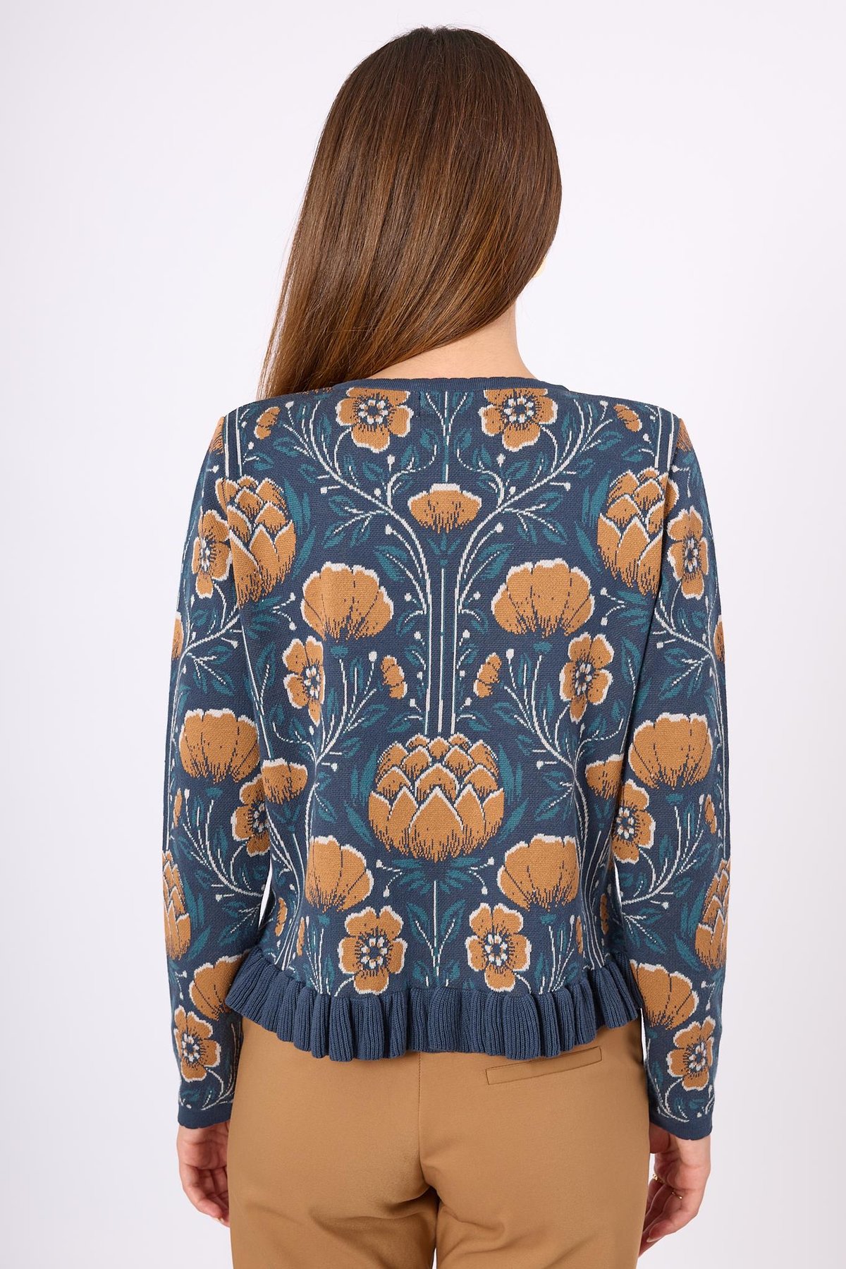 Peraluna Felicity Çiçek Jakarlı  Kadın Triko Hırka - İndigo Multi