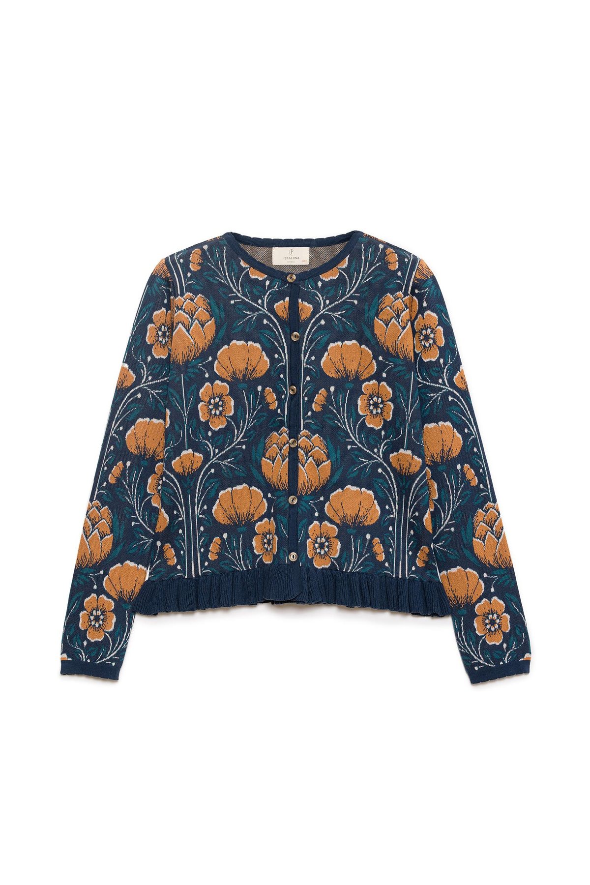 Peraluna Felicity Çiçek Jakarlı  Kadın Triko Hırka - İndigo Multi
