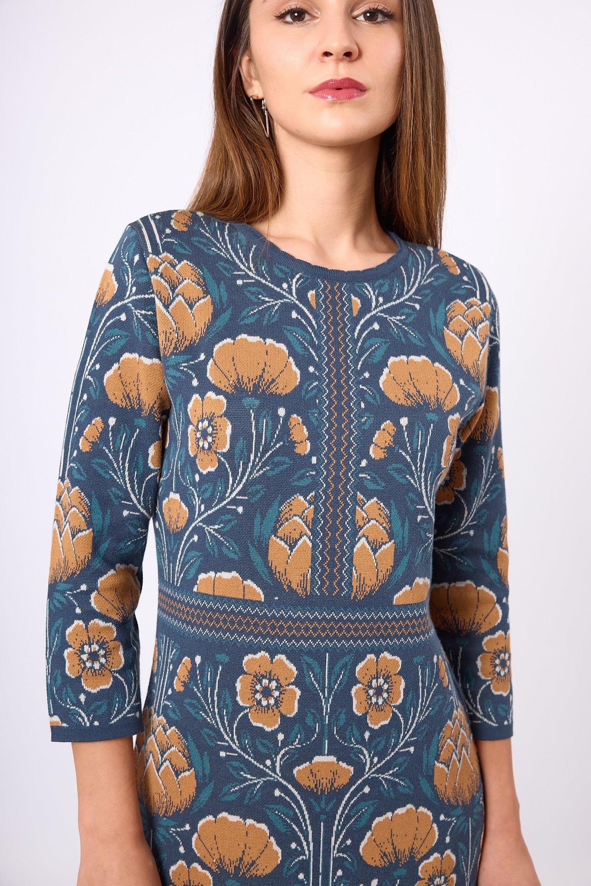 Peraluna Felicity Çiçek Jakarlı Kadın Triko Hırka - İndigo Multi