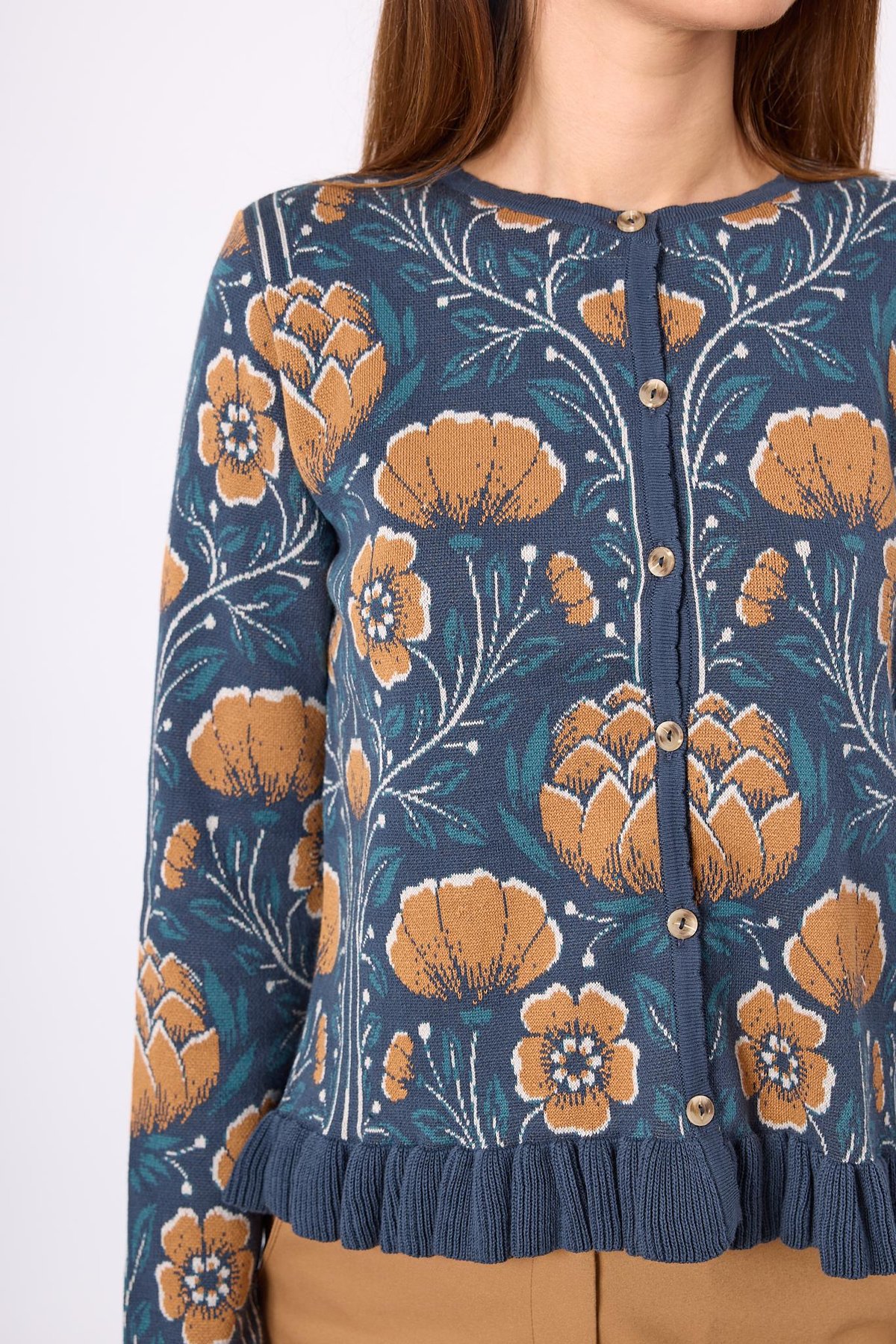 Peraluna Felicity Çiçek Jakarlı  Kadın Triko Hırka - İndigo Multi