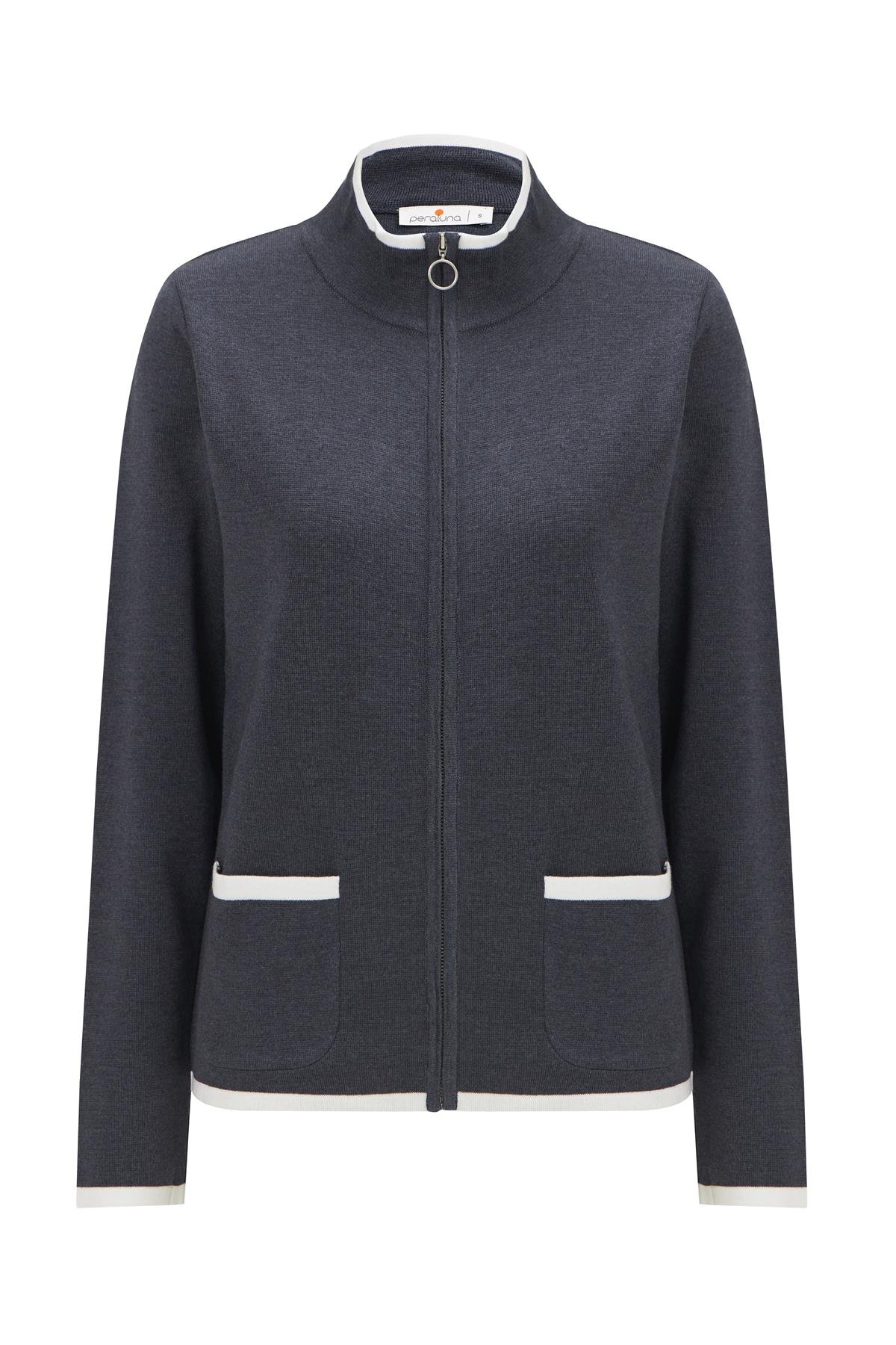 Peraluna Fermuarlı Cepli Organik Pamuk Çelik Örgü Yazlık Kadın Triko Hırka Lacivert