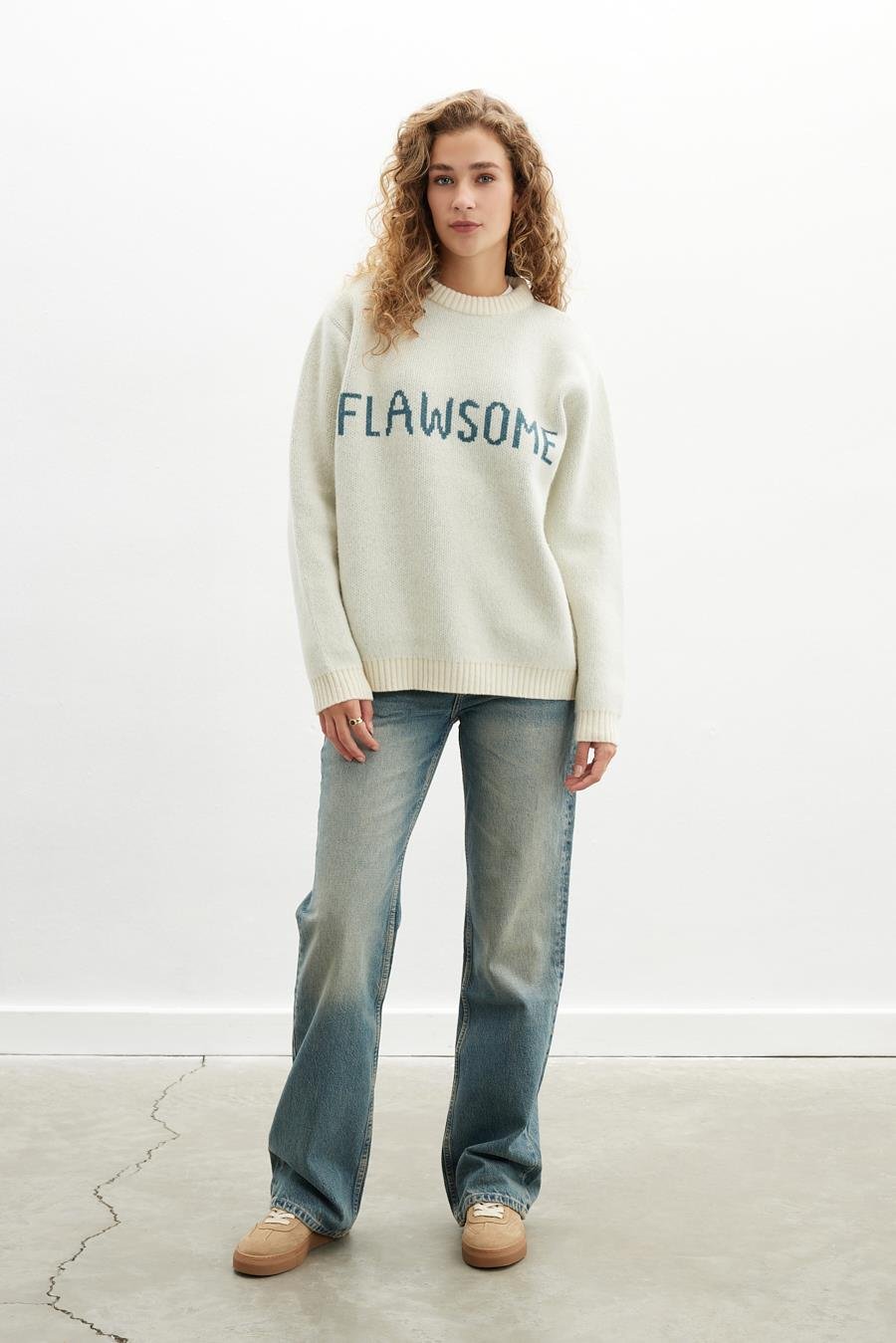 Peraluna FLAWSOME SWEATER Bisiklet Yaka Jakarlı Pamuk-Yün Karışım Kadın Triko Kazak - Ekru