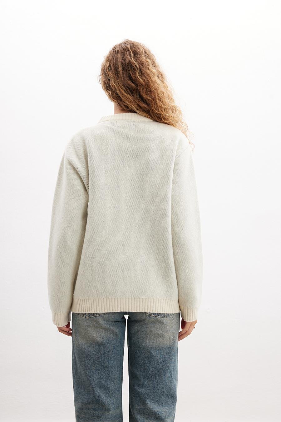 Peraluna FLAWSOME SWEATER Bisiklet Yaka Jakarlı Pamuk-Yün Karışım Kadın Triko Kazak - Ekru