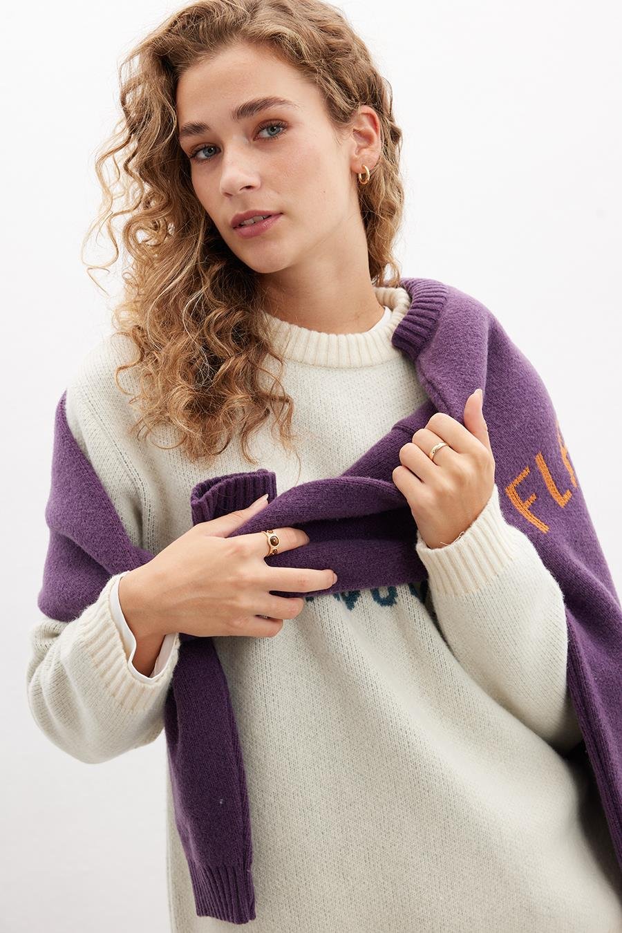 Peraluna FLAWSOME SWEATER Bisiklet Yaka Jakarlı Pamuk-Yün Karışım Kadın Triko Kazak - Ekru