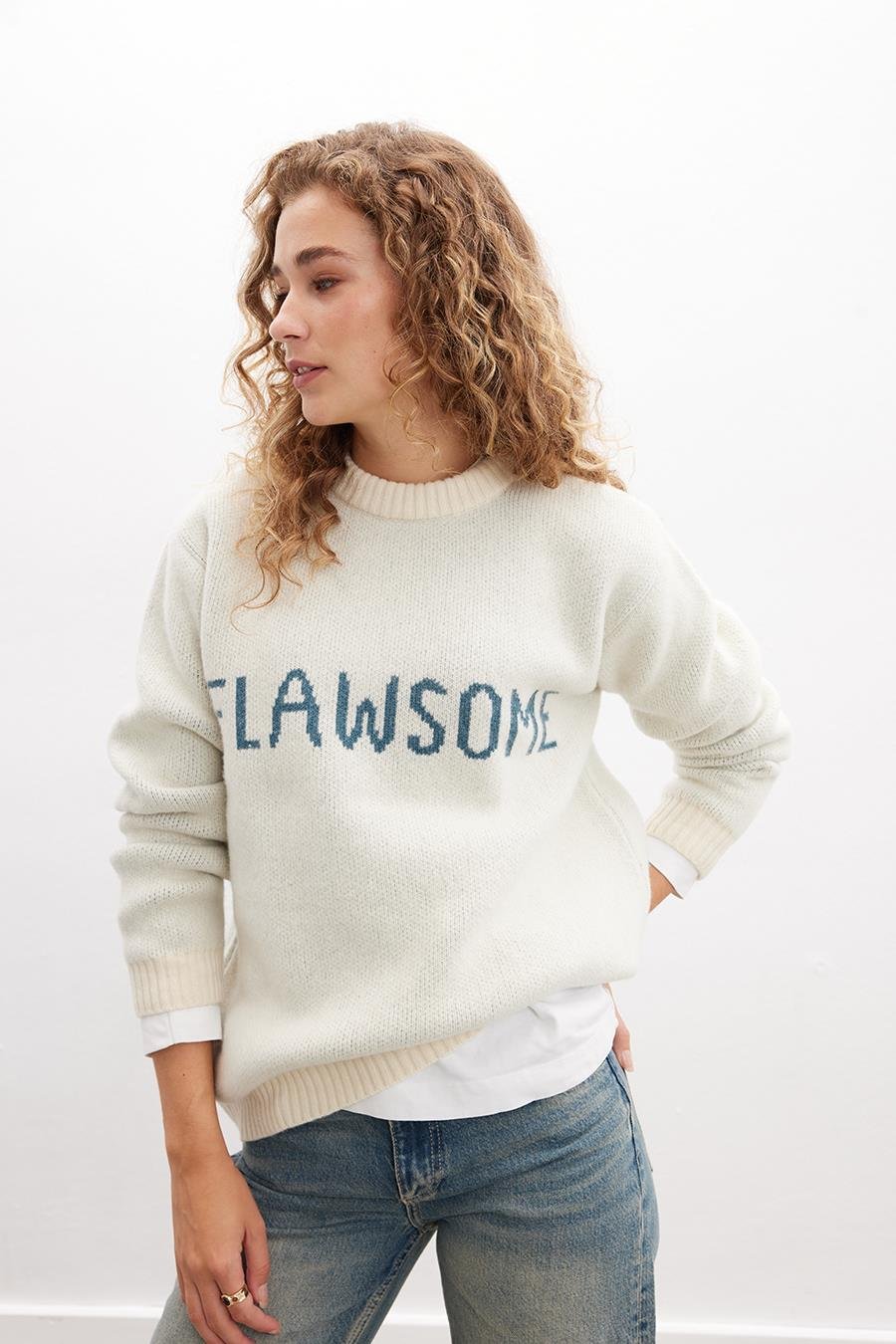Peraluna FLAWSOME SWEATER Bisiklet Yaka Jakarlı Pamuk-Yün Karışım Kadın Triko Kazak - Ekru