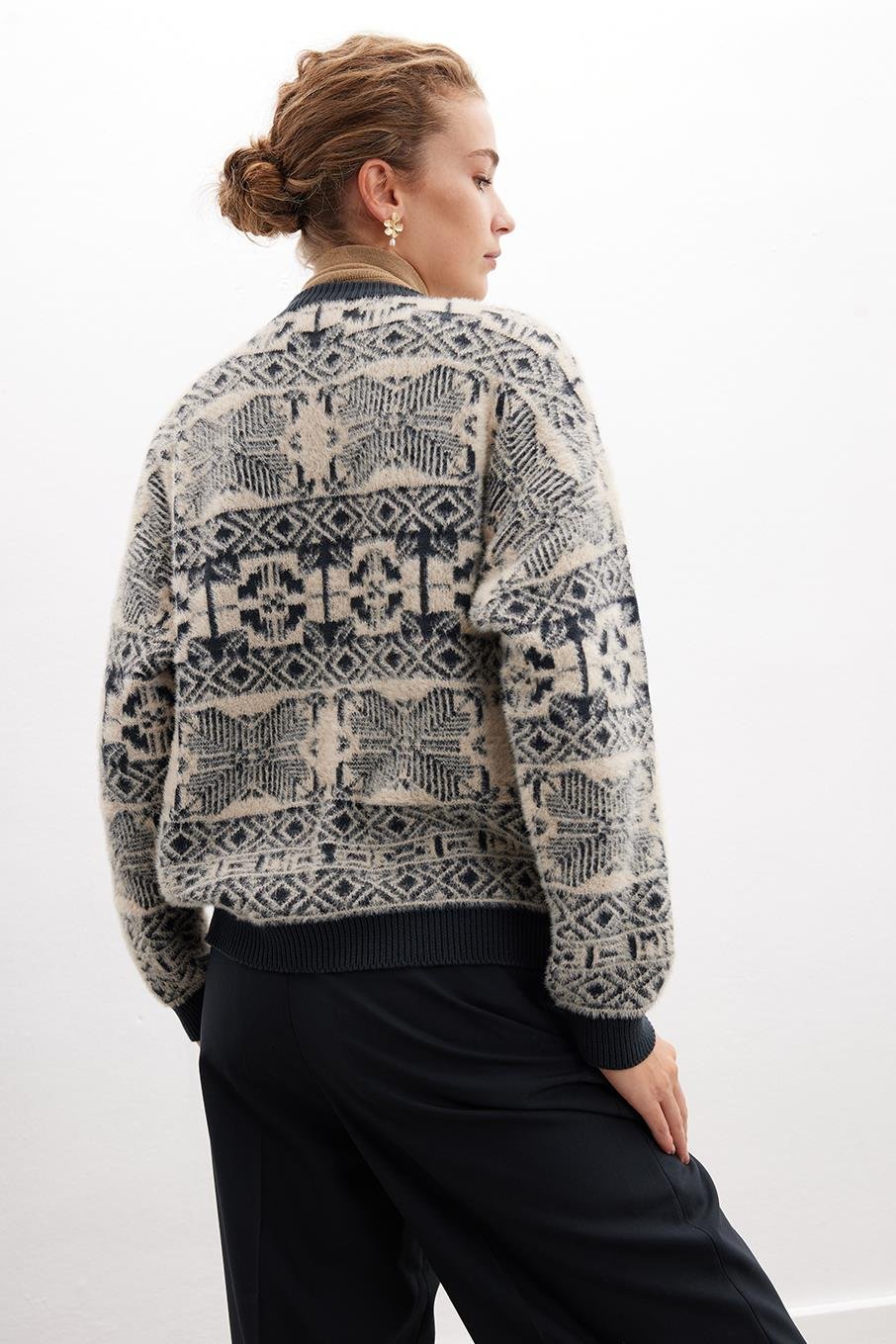 Peraluna FLORA JACKET Bisiklet Yaka Jakarlı Koton Karışım Kadın Triko Ceket - Şampanya