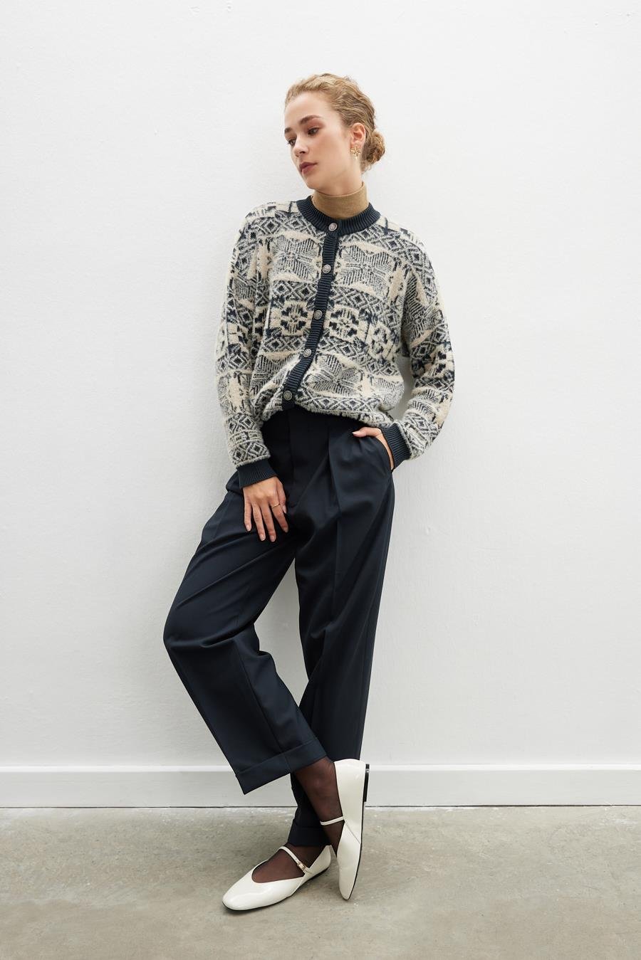 Peraluna FLORA JACKET Bisiklet Yaka Jakarlı Koton Karışım Kadın Triko Ceket - Şampanya