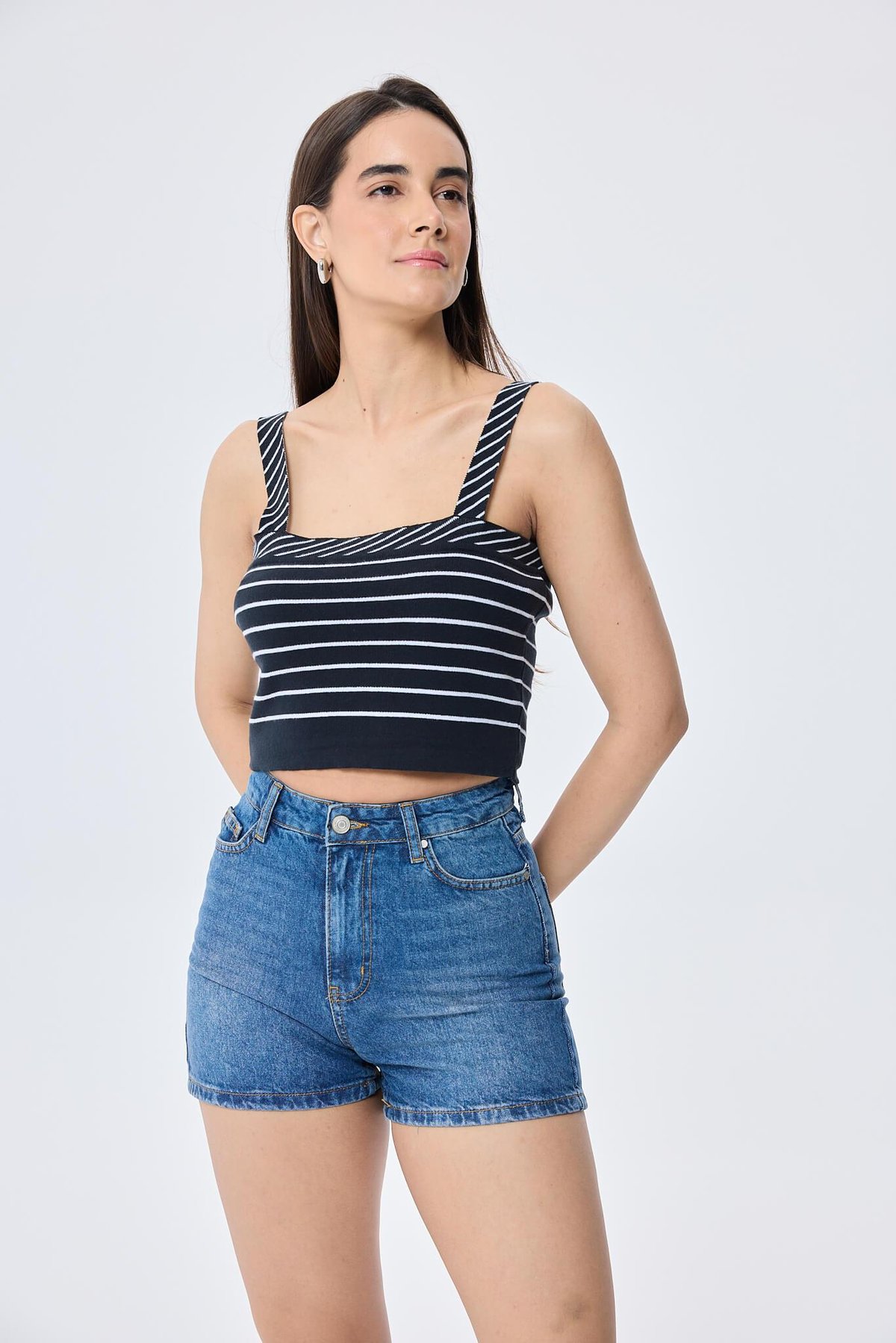 Peraluna Florence, Çizgili, Geniş Askılı Kadın Pamuklu Triko Krop Üst - SİYAH / BEYAZ ÇİZGİLİ