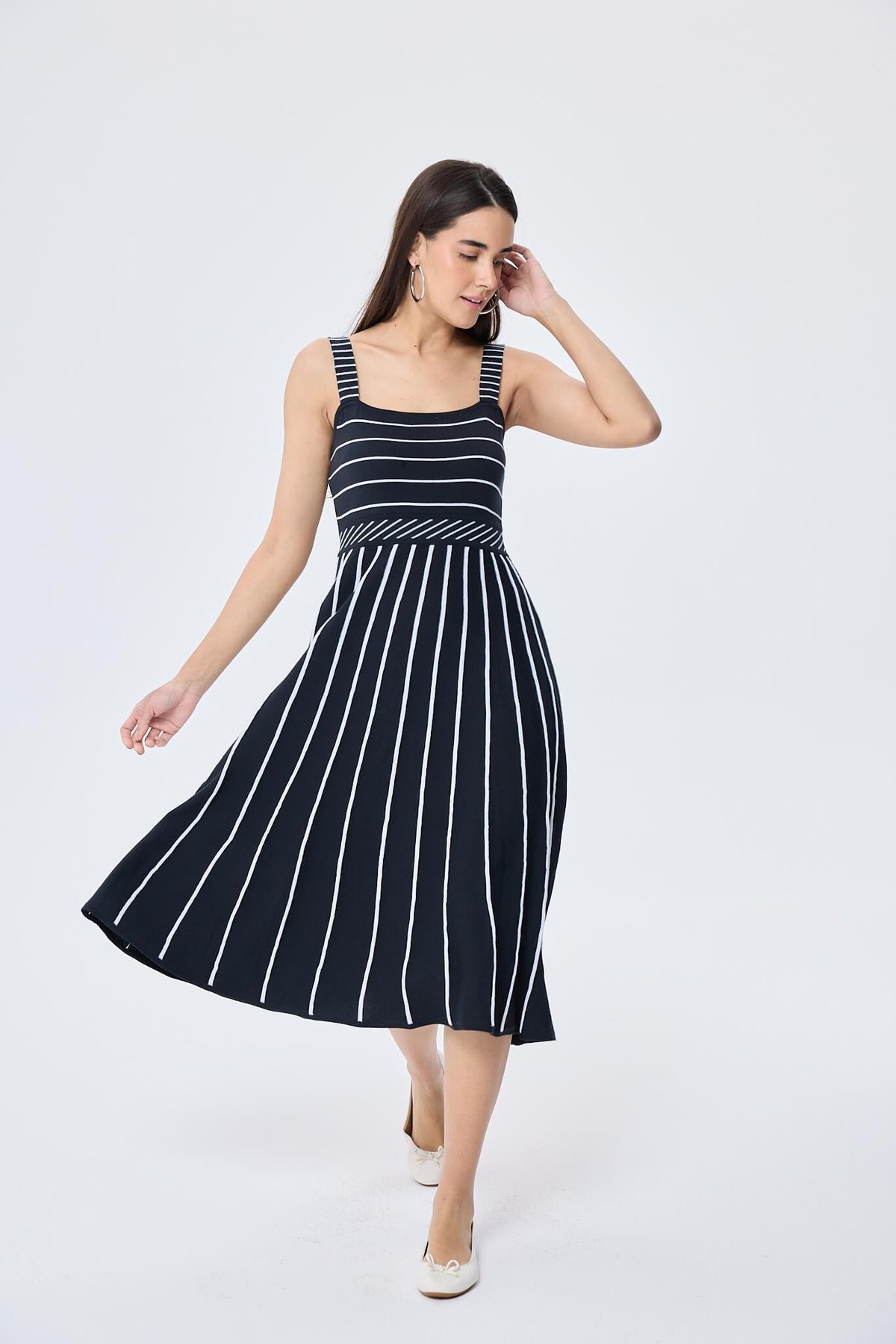 Peraluna Freya, Çizgili Yazlık Triko Kadın Elbise  - ANTRASIT