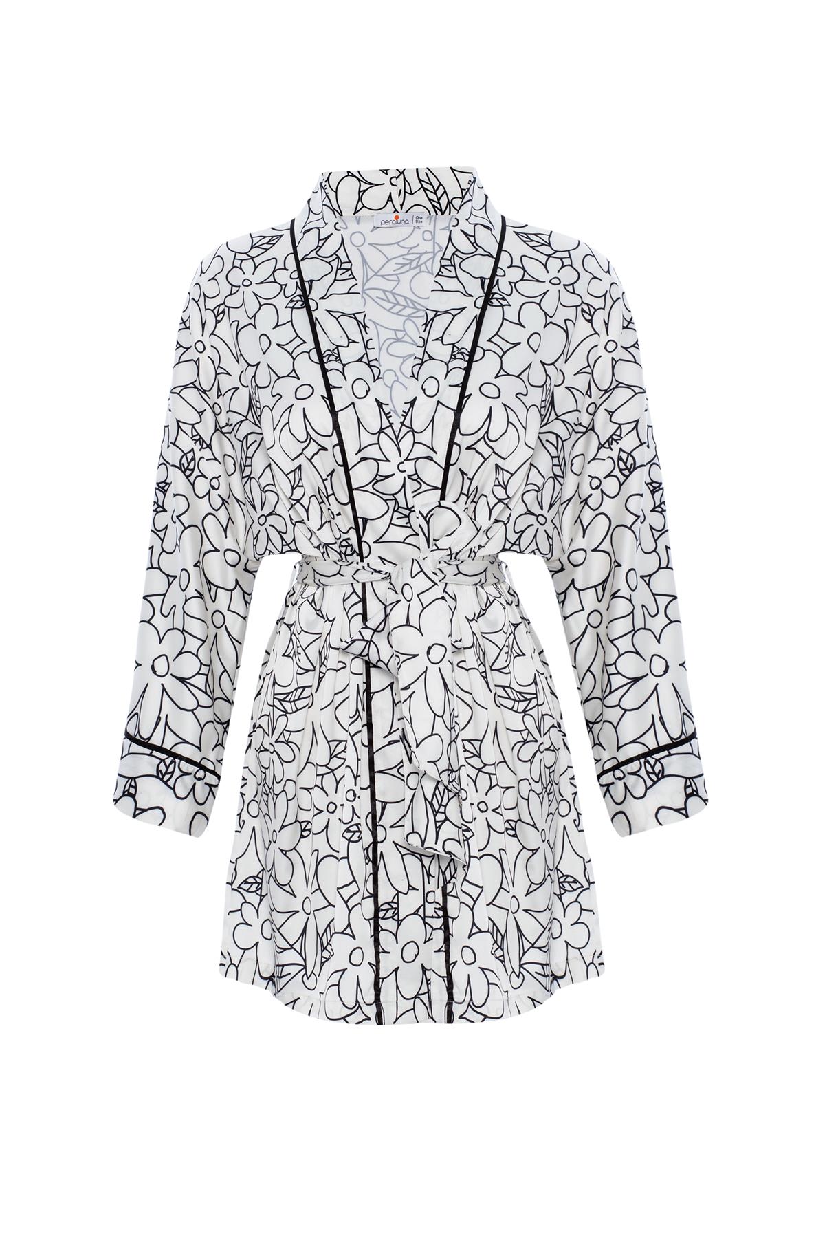 Peraluna FREZYA KİMONO 85 CM Çiçek Desen Mini Boy Kemerli Saten Kadın Kimono Beyaz/Siyah