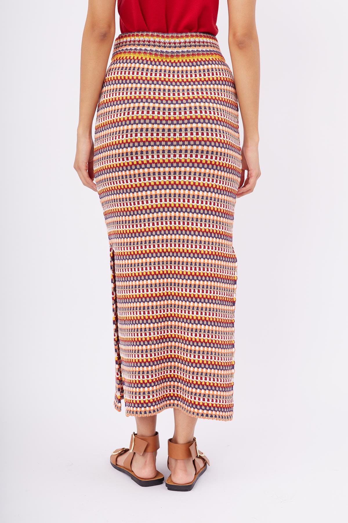 Peraluna FRIDA LONG SKIRT Beli Lastikli Dar Kesim Yan Yırtmaçlı 90 Cm Kadın Triko Etek - Çok Renkli