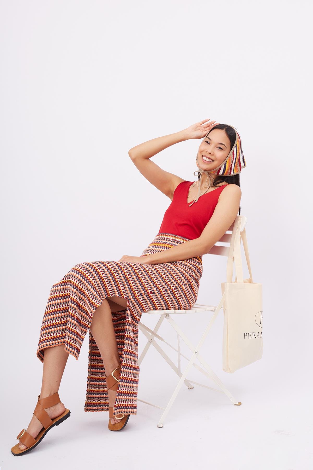 Peraluna FRIDA LONG SKIRT Beli Lastikli Dar Kesim Yan Yırtmaçlı 90 Cm Kadın Triko Etek - Çok Renkli