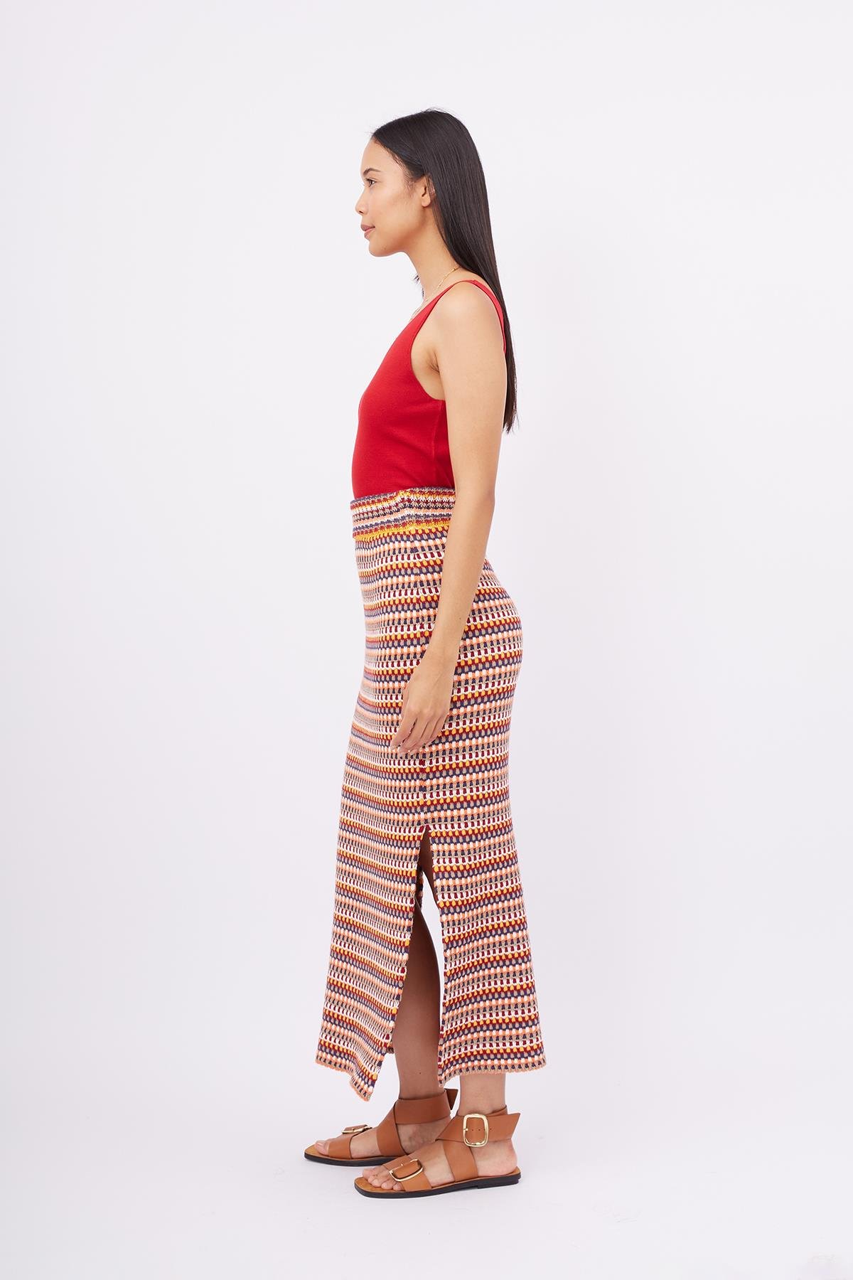 Peraluna FRIDA LONG SKIRT Beli Lastikli Dar Kesim Yan Yırtmaçlı 90 Cm Kadın Triko Etek - Çok Renkli