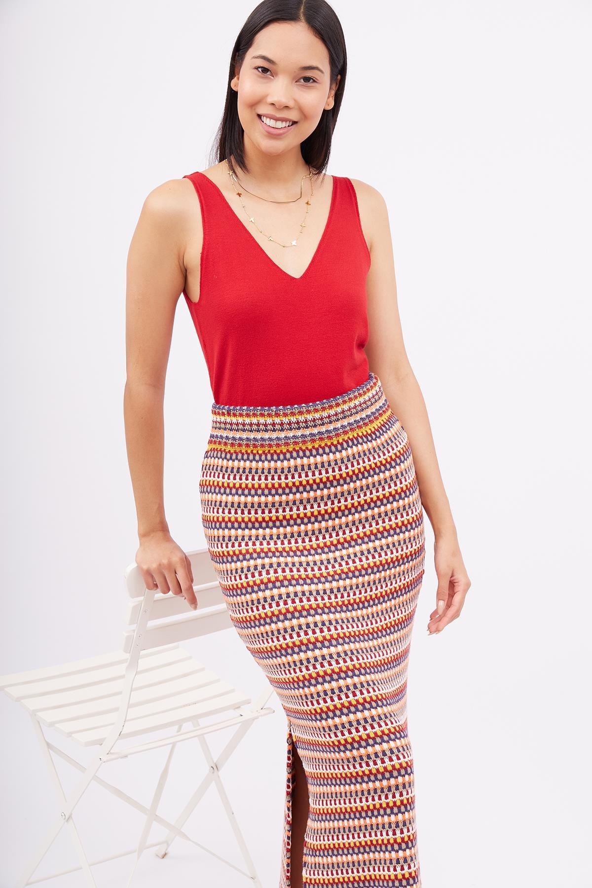 Peraluna FRIDA LONG SKIRT Beli Lastikli Dar Kesim Yan Yırtmaçlı 90 Cm Kadın Triko Etek - Çok Renkli