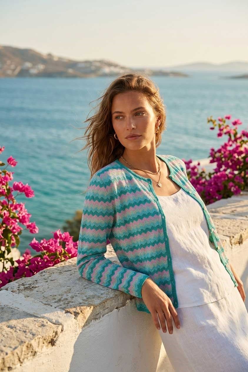 Peraluna Frizante Hırka, Kadın Yazlık Triko Hırka - Pembe Mavi Multi