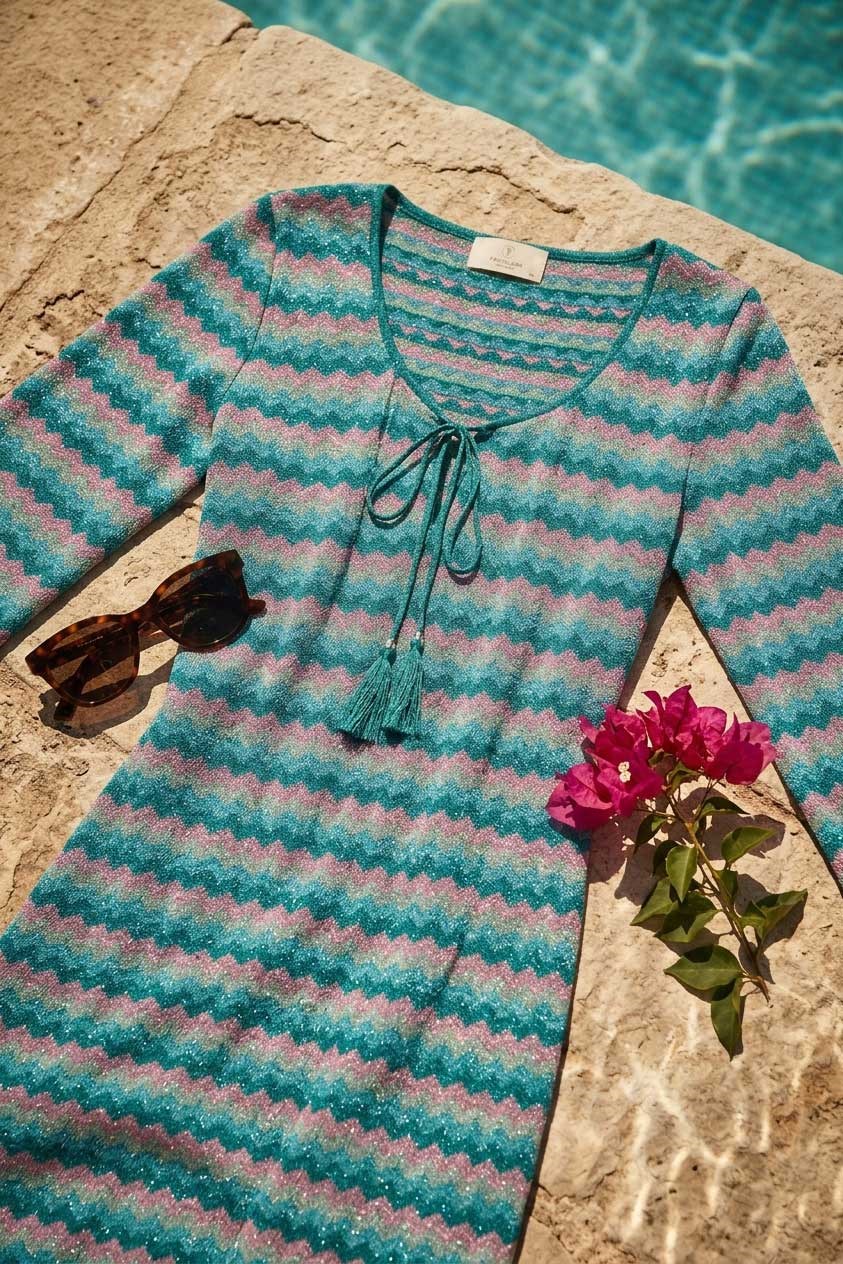 Peraluna Frizante Mini Elbise, V Yaka Yazlık Mini Elbise - Pembe Mavi Multi