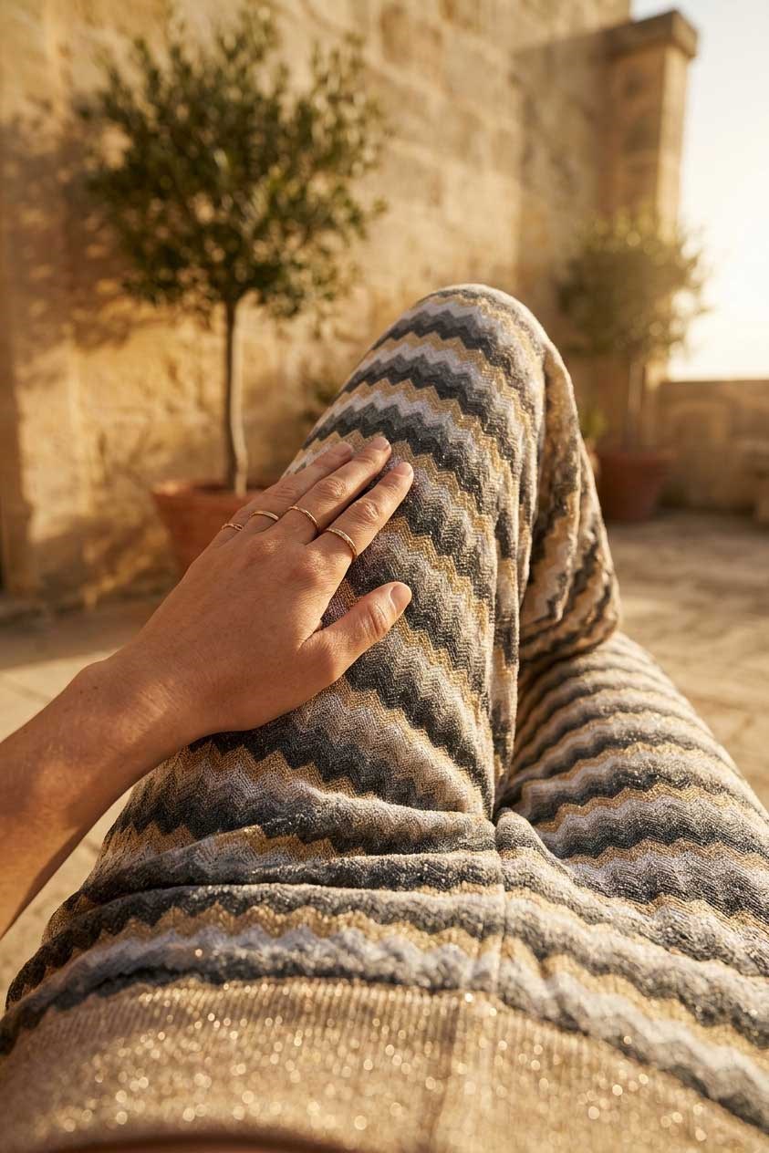 Peraluna Frizante Pantolon, Kadın Yüksek Bel, Yazlık Triko Pantolon - Gri Multi