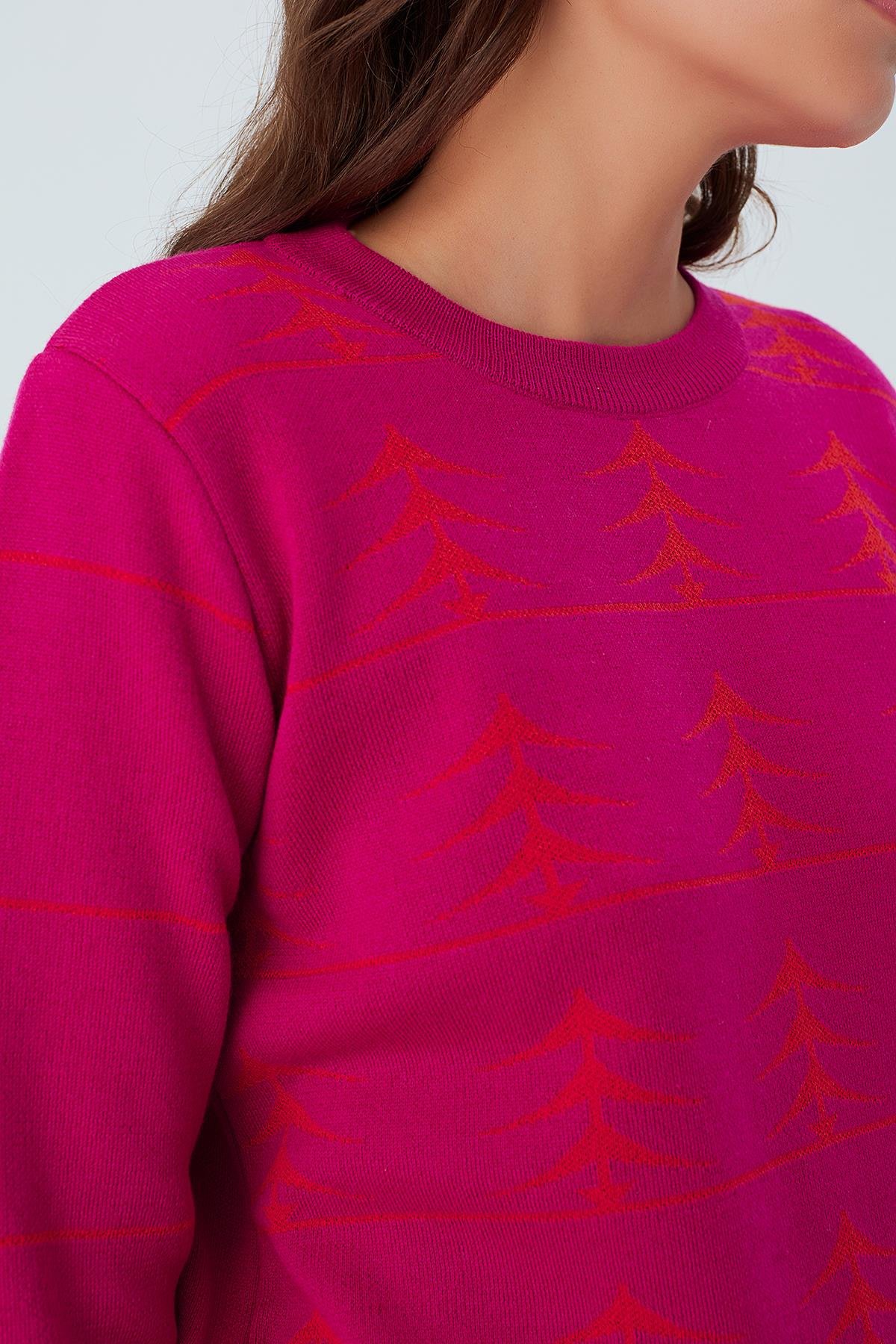 Peraluna GEMINI PULLOVER Ağaç Desenli Standart Kesim Kadın Triko Kazak Fuşya/Turuncu