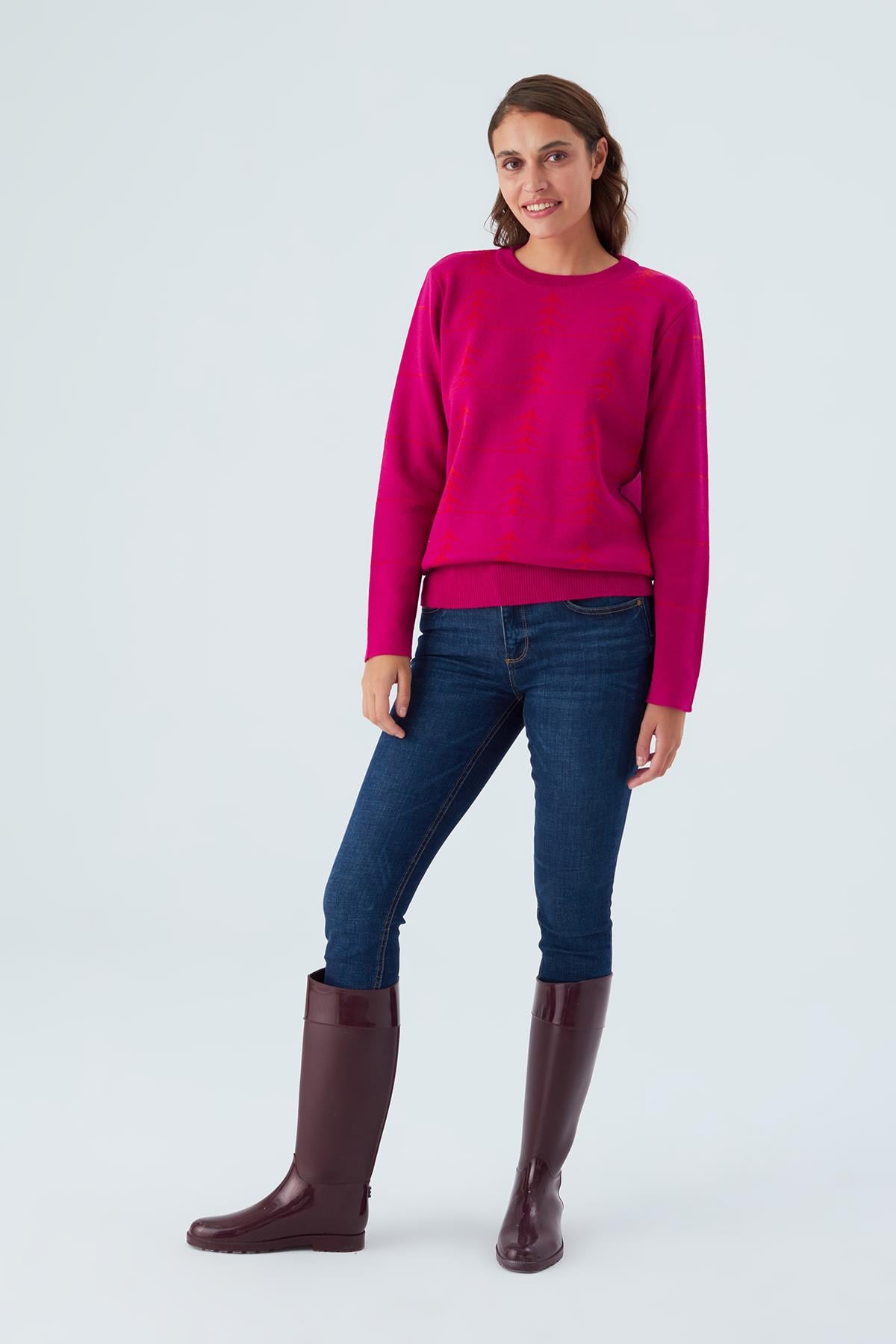 Peraluna GEMINI PULLOVER Ağaç Desenli Standart Kesim Kadın Triko Kazak Fuşya/Turuncu