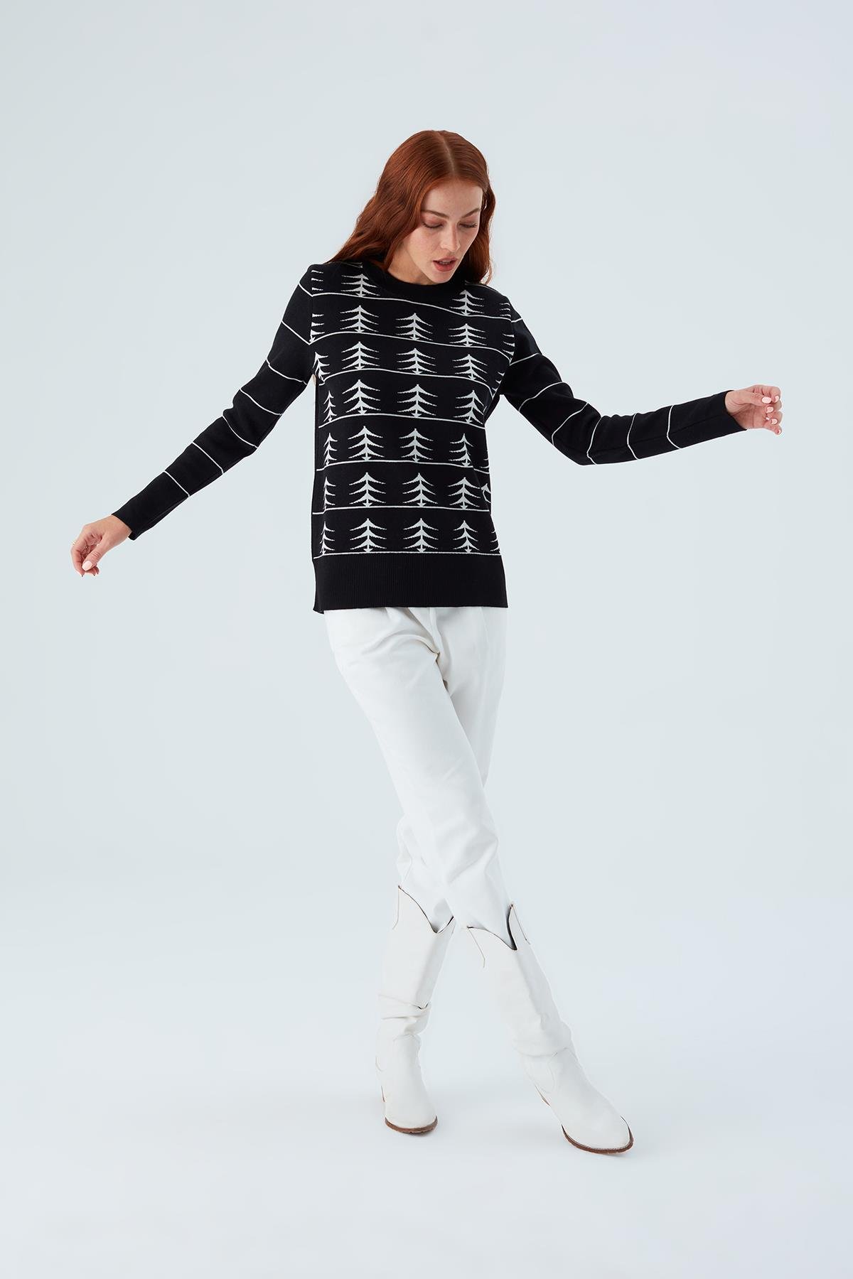 Peraluna GEMINI PULLOVER Ağaç Desenli Kadın Triko Kazak Siyah/Ekru