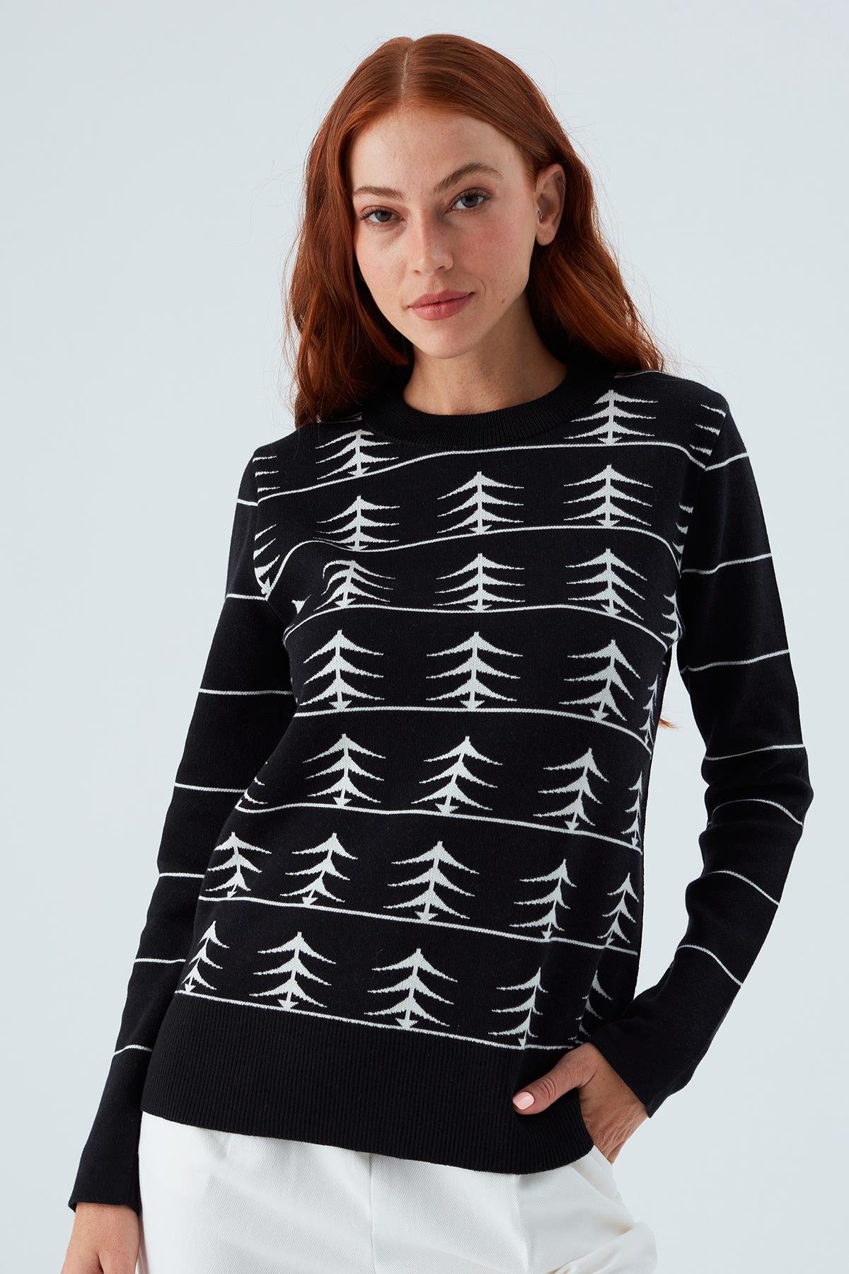 Peraluna GEMINI PULLOVER Ağaç Desenli Kadın Triko Kazak Siyah/Ekru