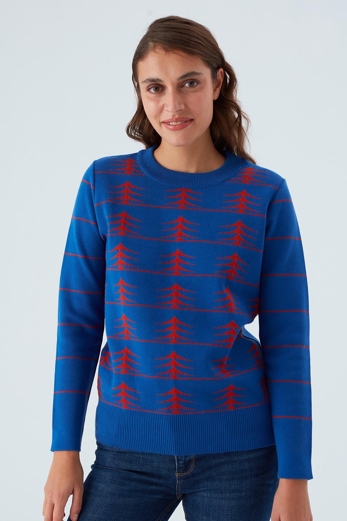 Peraluna GEMINI PULLOVER Ağaç Desenli Standart Kesim Kadın Triko Kazak Saks/Turuncu