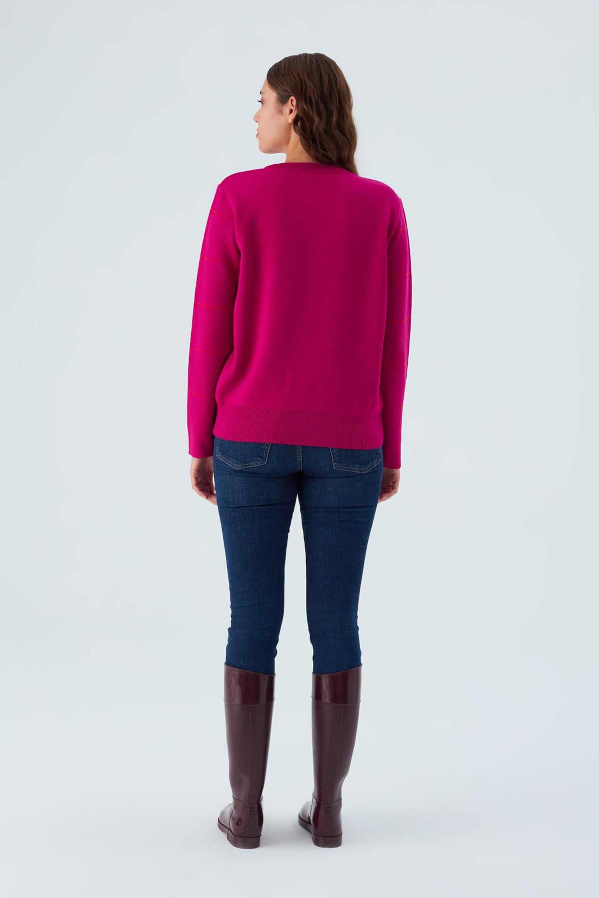 Peraluna GEMINI PULLOVER Ağaç Desenli Standart Kesim Kadın Triko Kazak Fuşya/Turuncu