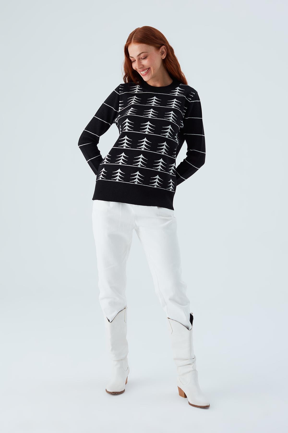 Peraluna GEMINI PULLOVER Ağaç Desenli Kadın Triko Kazak Siyah/Ekru