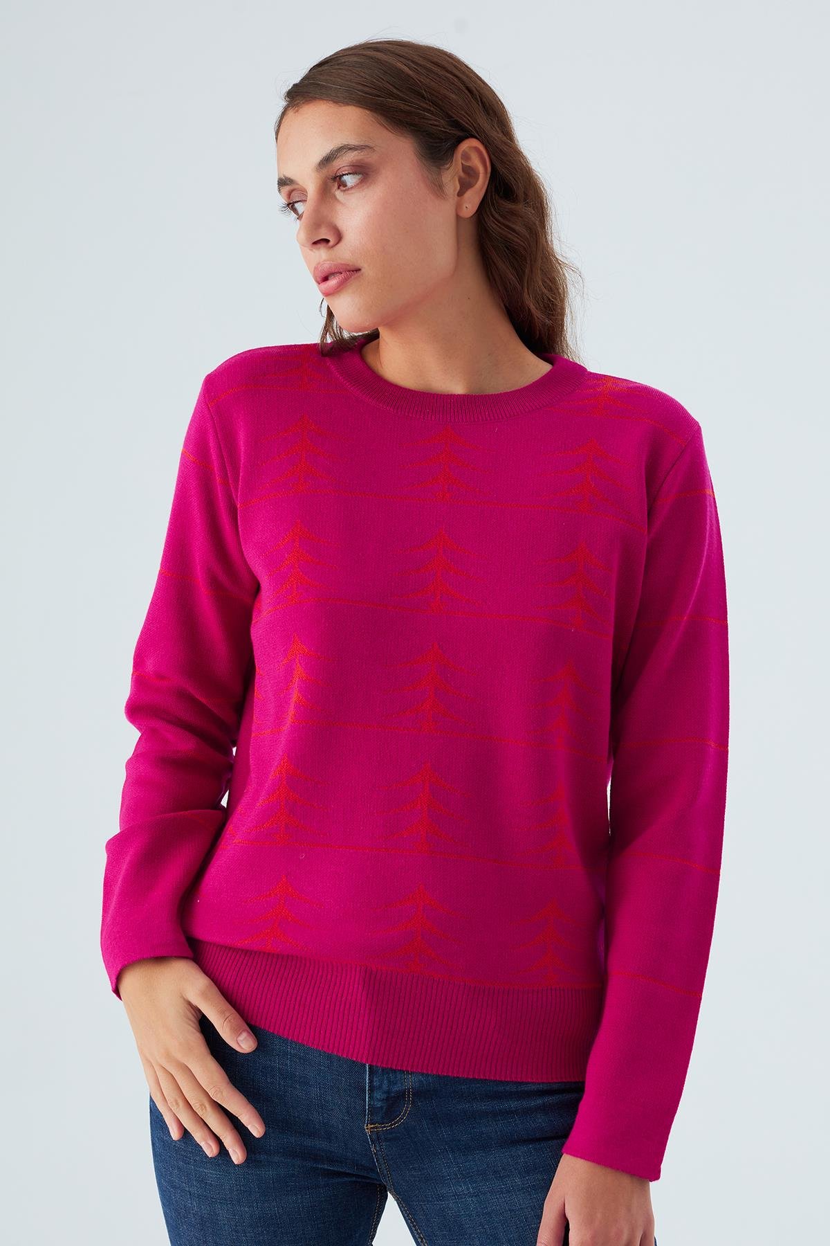 Peraluna GEMINI PULLOVER Ağaç Desenli Standart Kesim Kadın Triko Kazak Fuşya/Turuncu