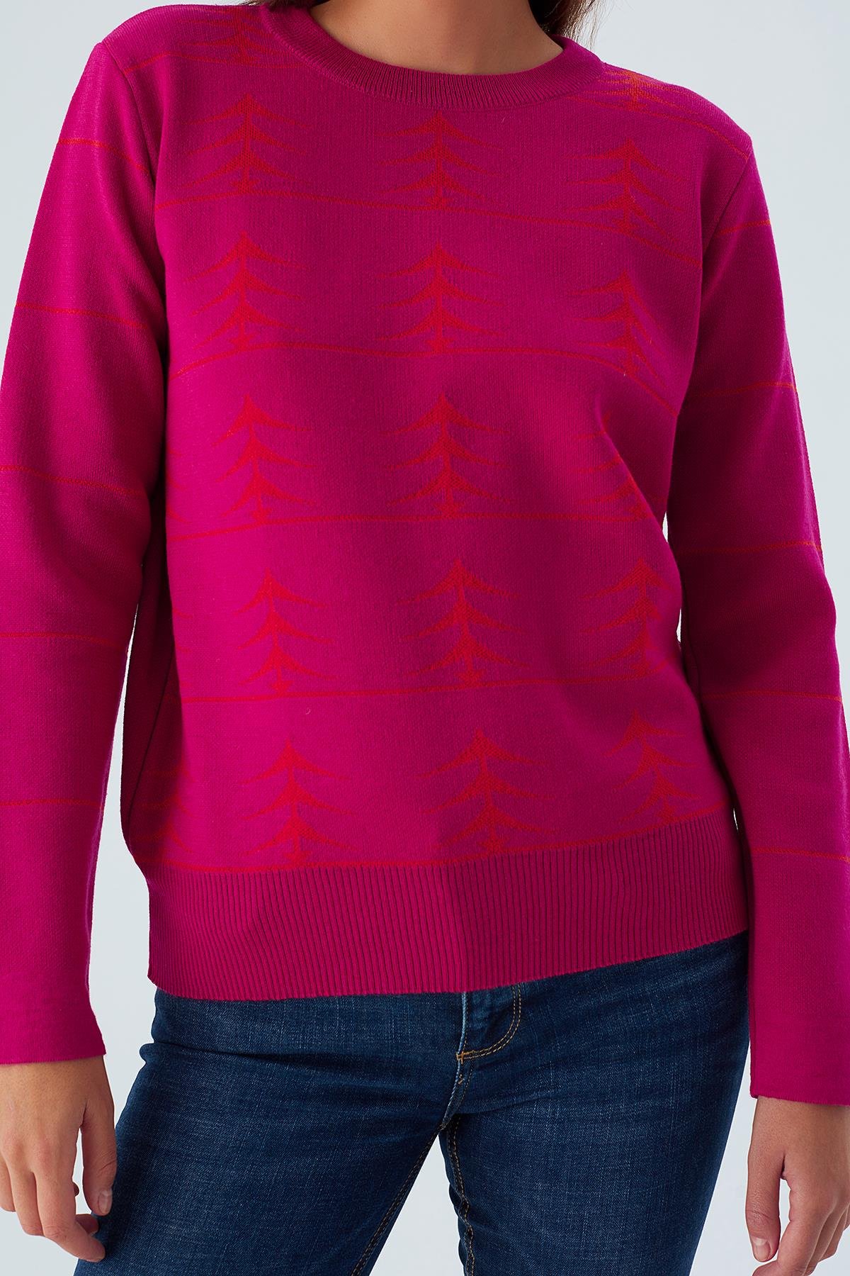 Peraluna GEMINI PULLOVER Ağaç Desenli Standart Kesim Kadın Triko Kazak Fuşya/Turuncu