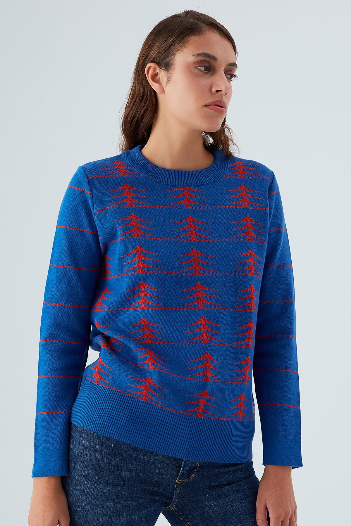 Peraluna GEMINI PULLOVER Ağaç Desenli Standart Kesim Kadın Triko Kazak Saks/Turuncu