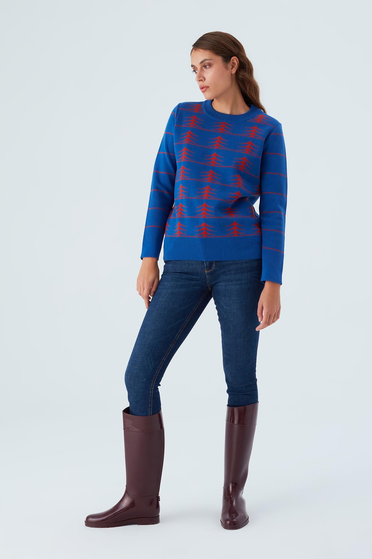 Peraluna GEMINI PULLOVER Ağaç Desenli Standart Kesim Kadın Triko Kazak Saks/Turuncu