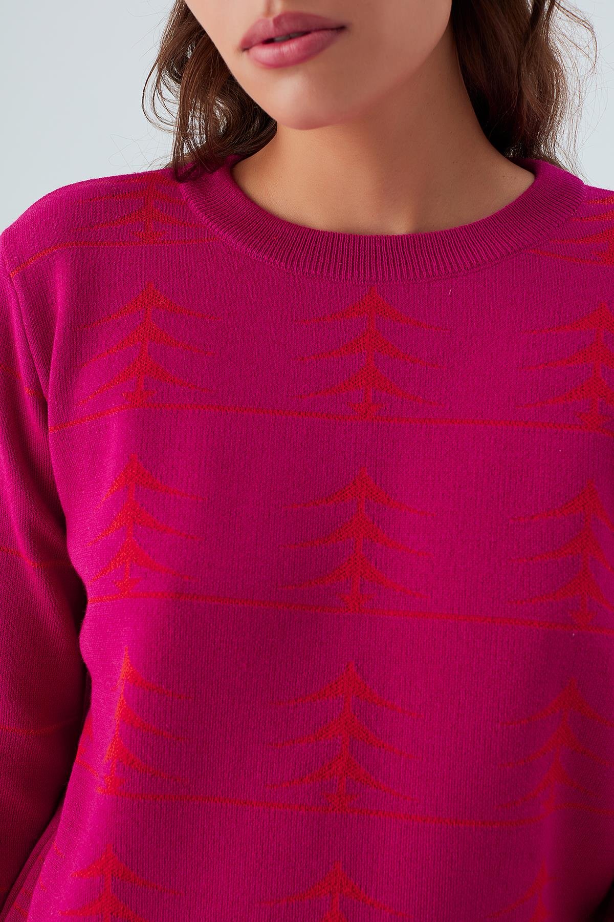 Peraluna GEMINI PULLOVER Ağaç Desenli Standart Kesim Kadın Triko Kazak Fuşya/Turuncu