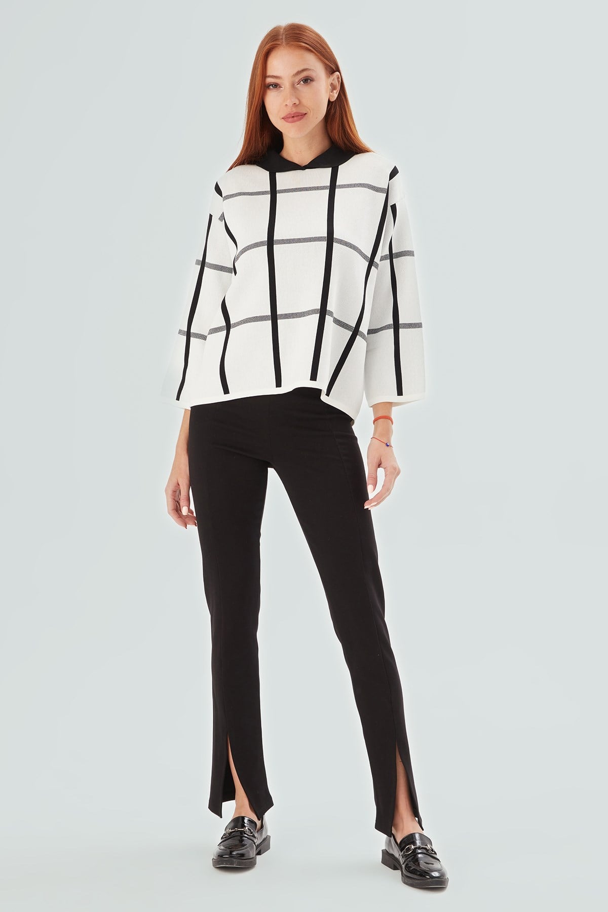 Peraluna GEMMA BLOUSE Bebe Yaka Geometrik Desenli Kadın Triko Bluz Ekru/Siyah