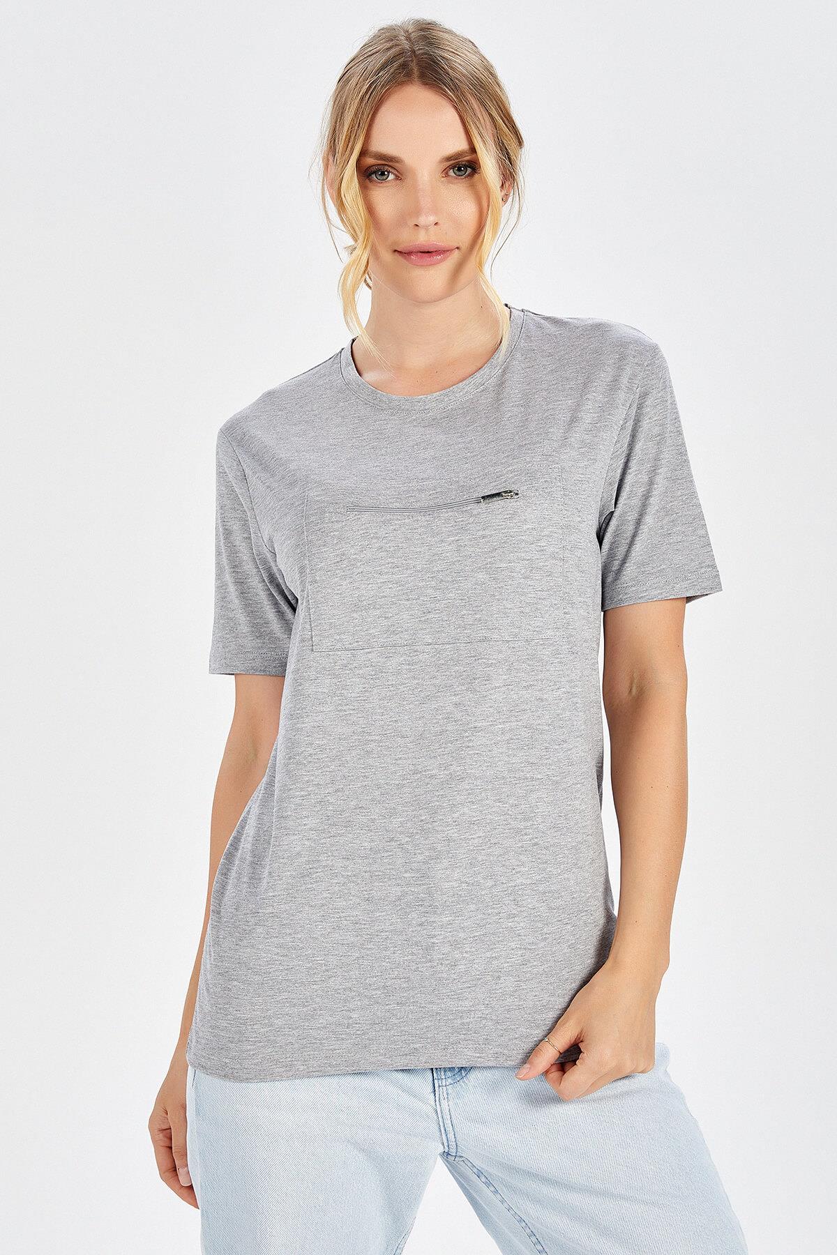 Peraluna Göğüs Fermuarlı Uzun Kadın T-Shirt - Açık Gri Melanj