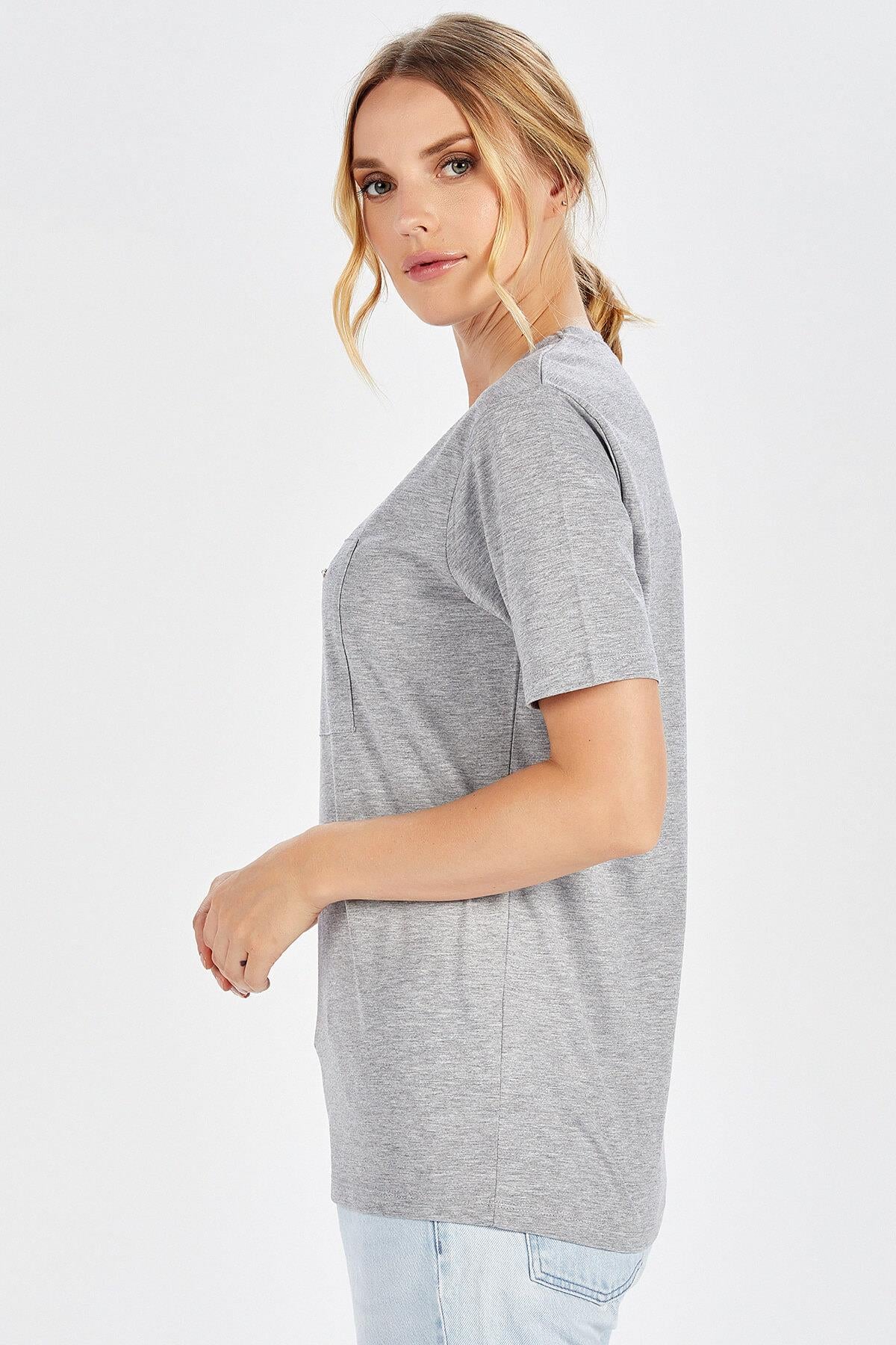 Peraluna Göğüs Fermuarlı Uzun Kadın T-Shirt - Açık Gri Melanj
