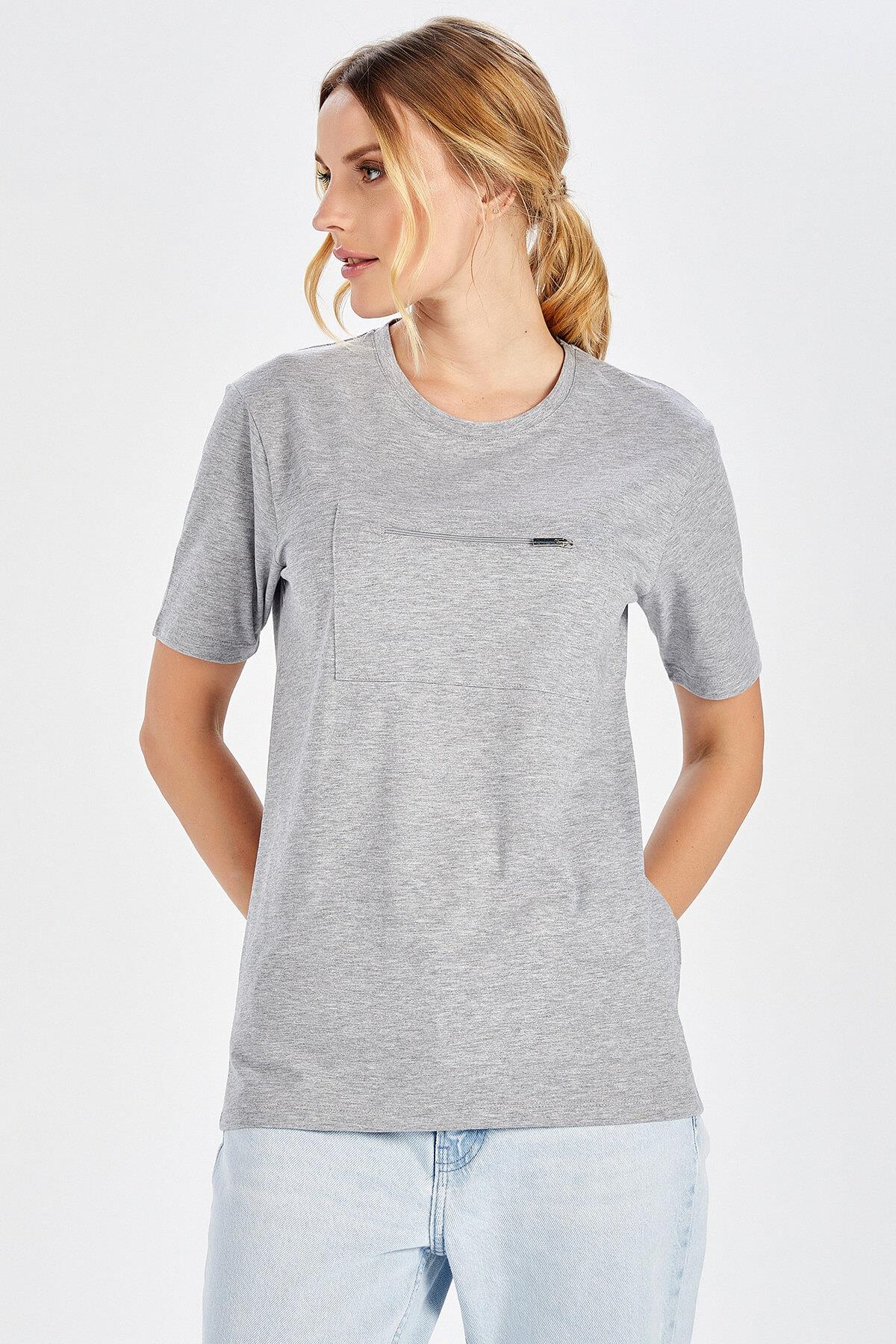 Peraluna Göğüs Fermuarlı Uzun Kadın T-Shirt - Açık Gri Melanj
