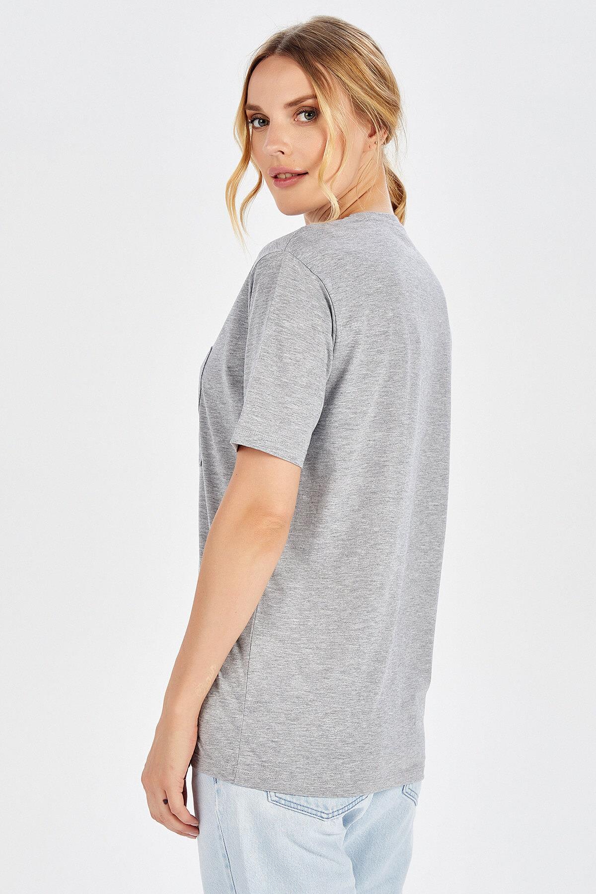 Peraluna Göğüs Fermuarlı Uzun Kadın T-Shirt - Açık Gri Melanj
