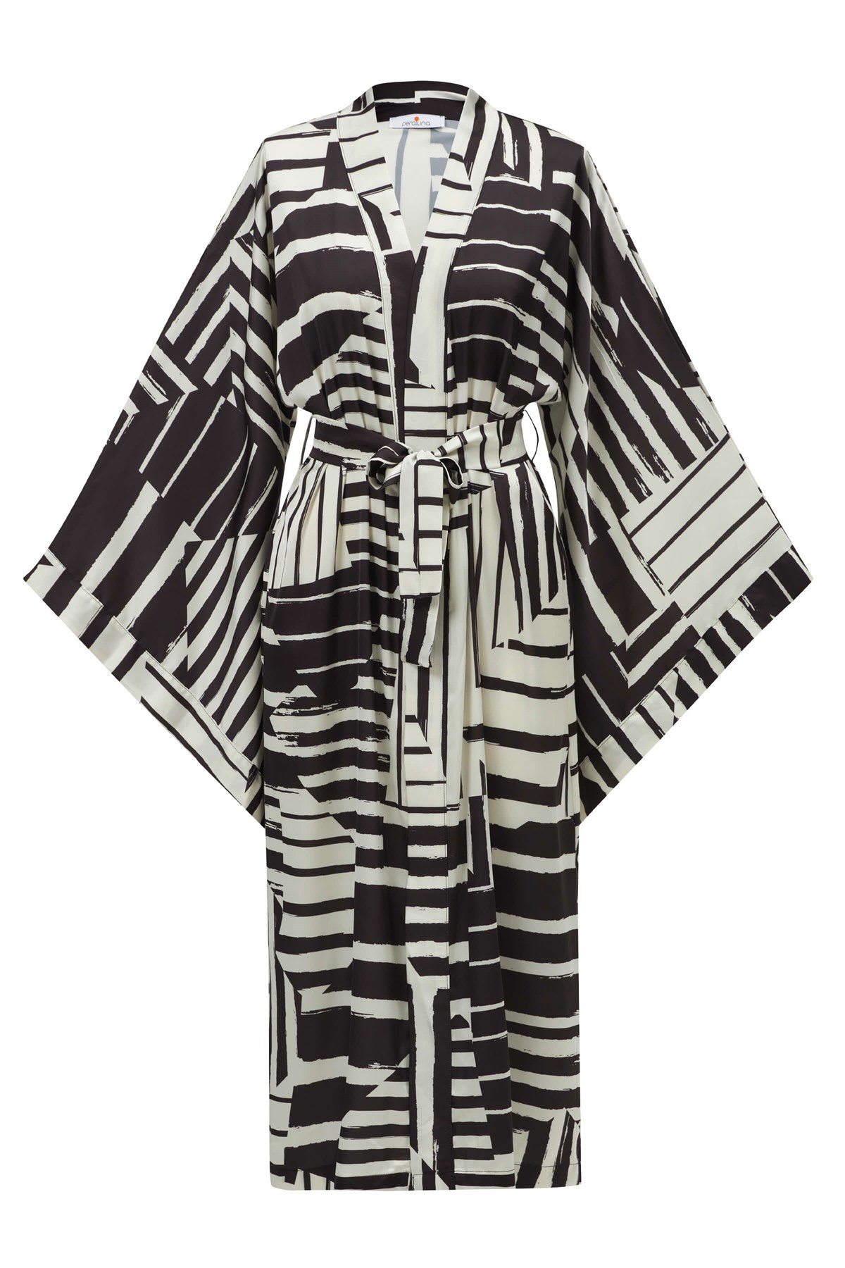 Peraluna HANITA Geometrik Desenli 120 CM Saten Yazlık Kadın Kimono Siyah/Ekru
