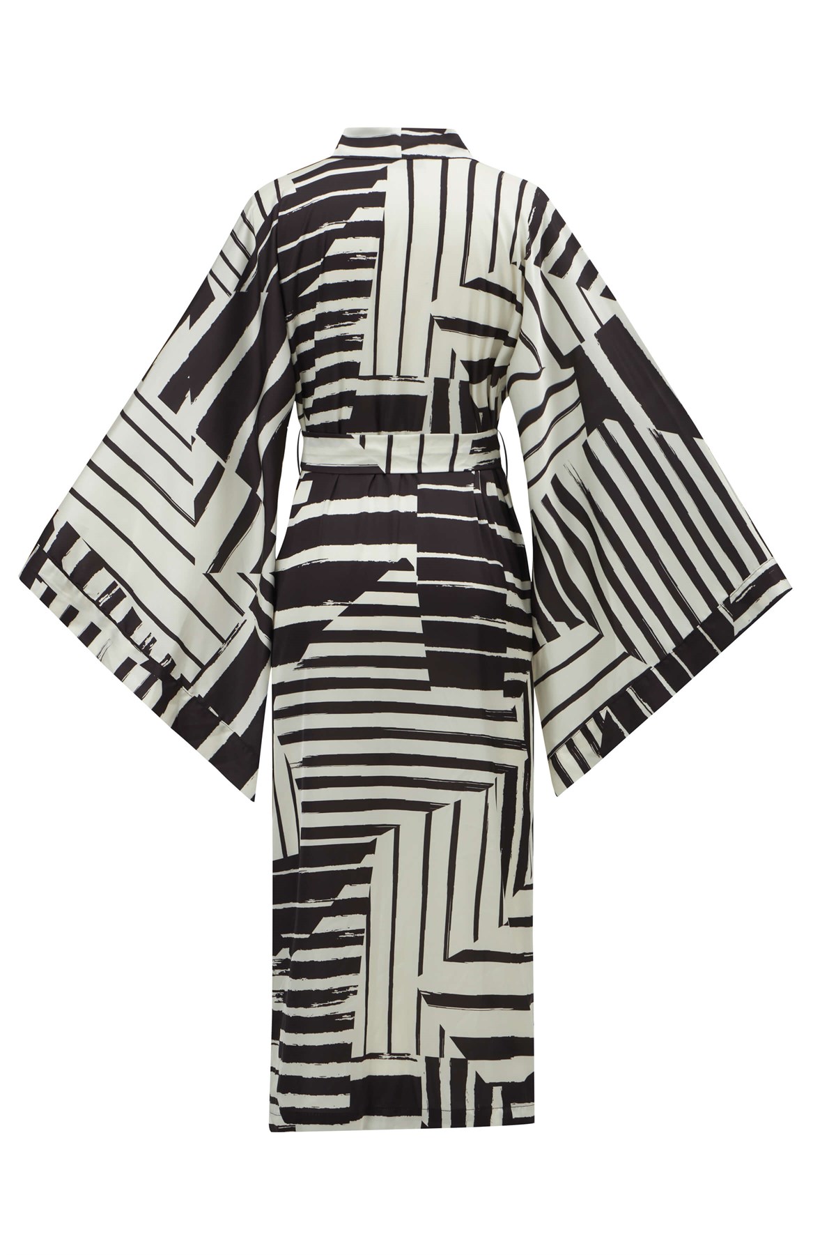 Peraluna HANITA Geometrik Desenli 120 CM Saten Yazlık Kadın Kimono Siyah/Ekru