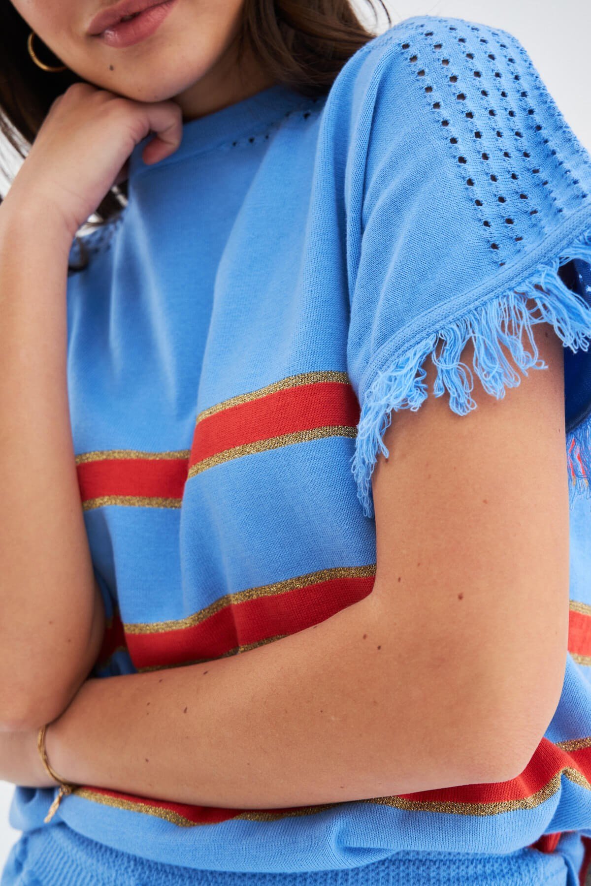 Peraluna HANNAH BLOUSE & SHORTS Pamuklu Yazlık Kadın Triko Şort Takım Mavi/Turuncu/Gold