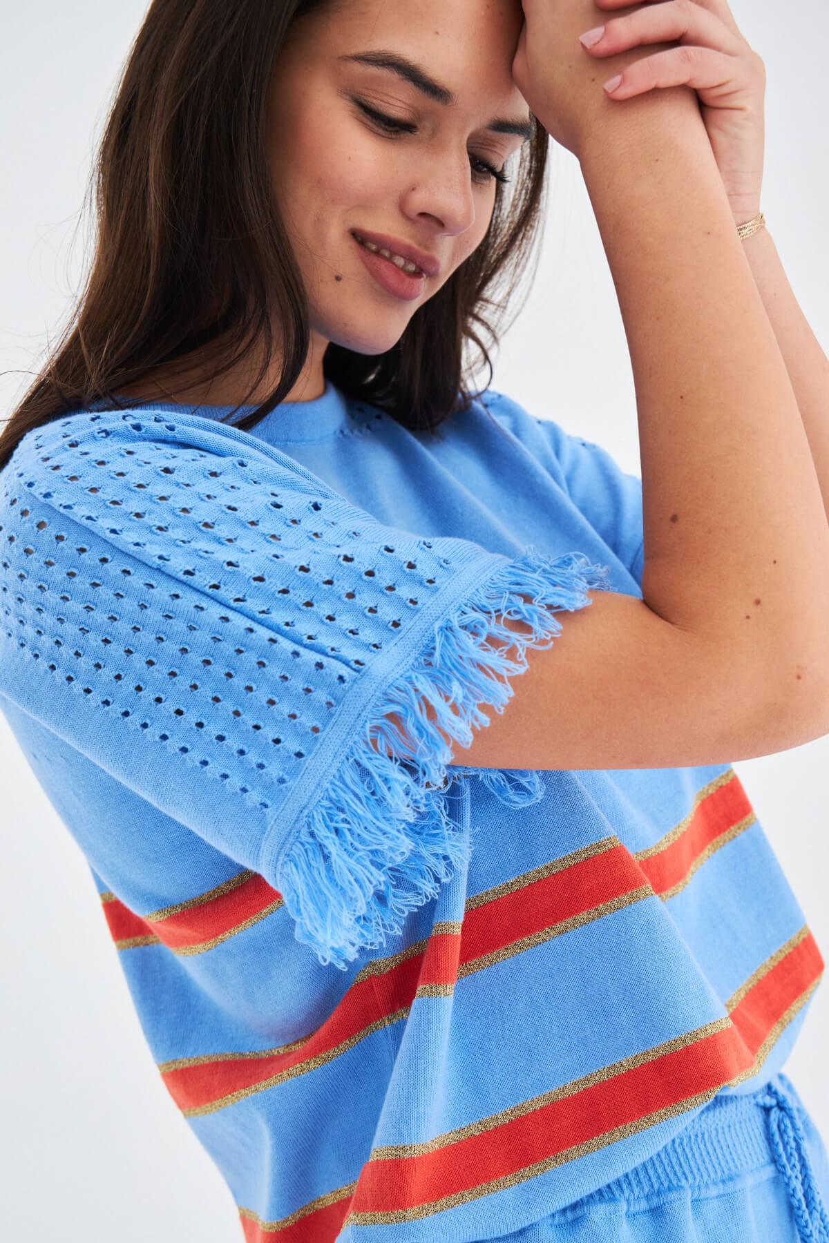 Peraluna HANNAH BLOUSE & SHORTS Pamuklu Yazlık Kadın Triko Şort Takım Mavi/Turuncu/Gold